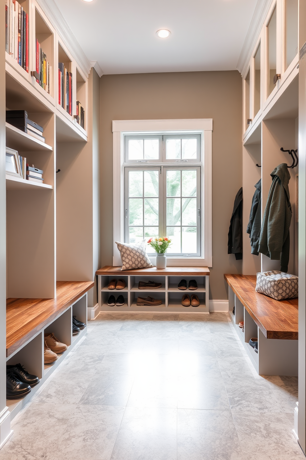 A spacious mudroom features stylish organization with labeled baskets neatly arranged on open shelving. The walls are painted in a soft gray hue, and the floor is covered with durable, patterned tiles for easy maintenance.