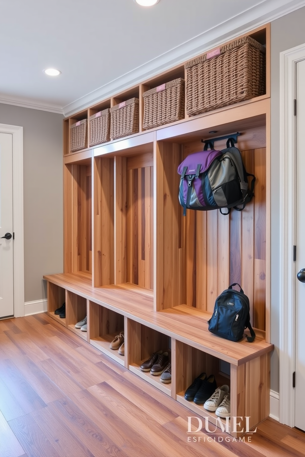 A spacious mudroom featuring built-in cubbies for shoes and backpacks. The cubbies are crafted from reclaimed wood, providing a warm and inviting atmosphere while offering ample storage space for family belongings.