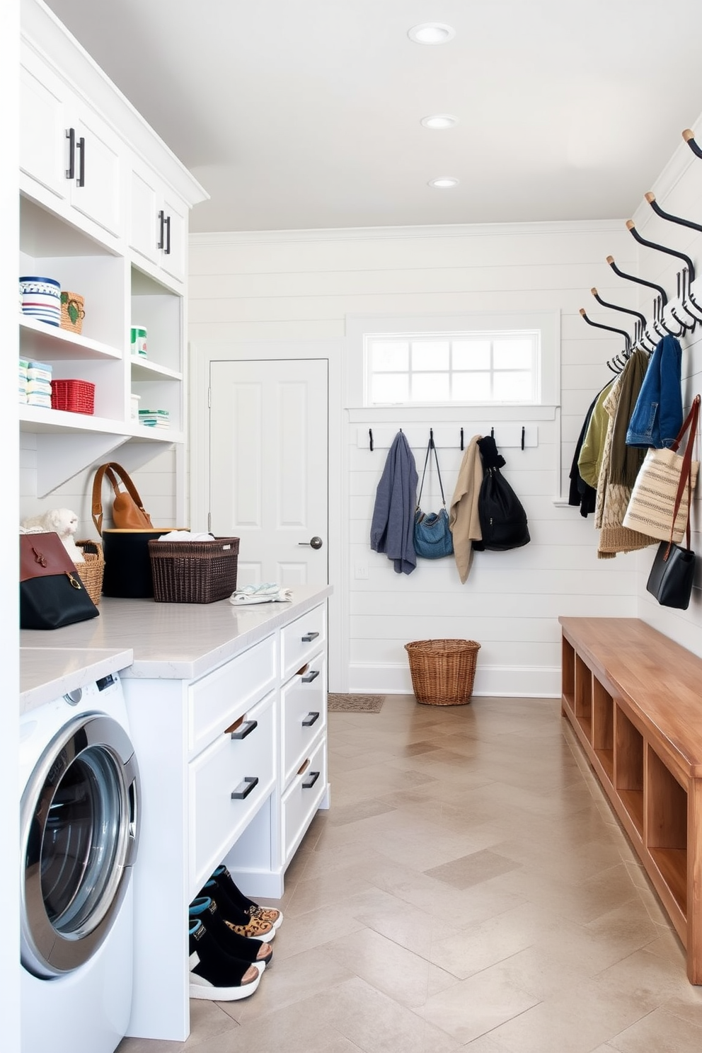 A spacious mudroom features a striking chalkboard wall that invites creativity and organization. The room includes built-in benches with plush cushions and ample storage for shoes and outerwear.