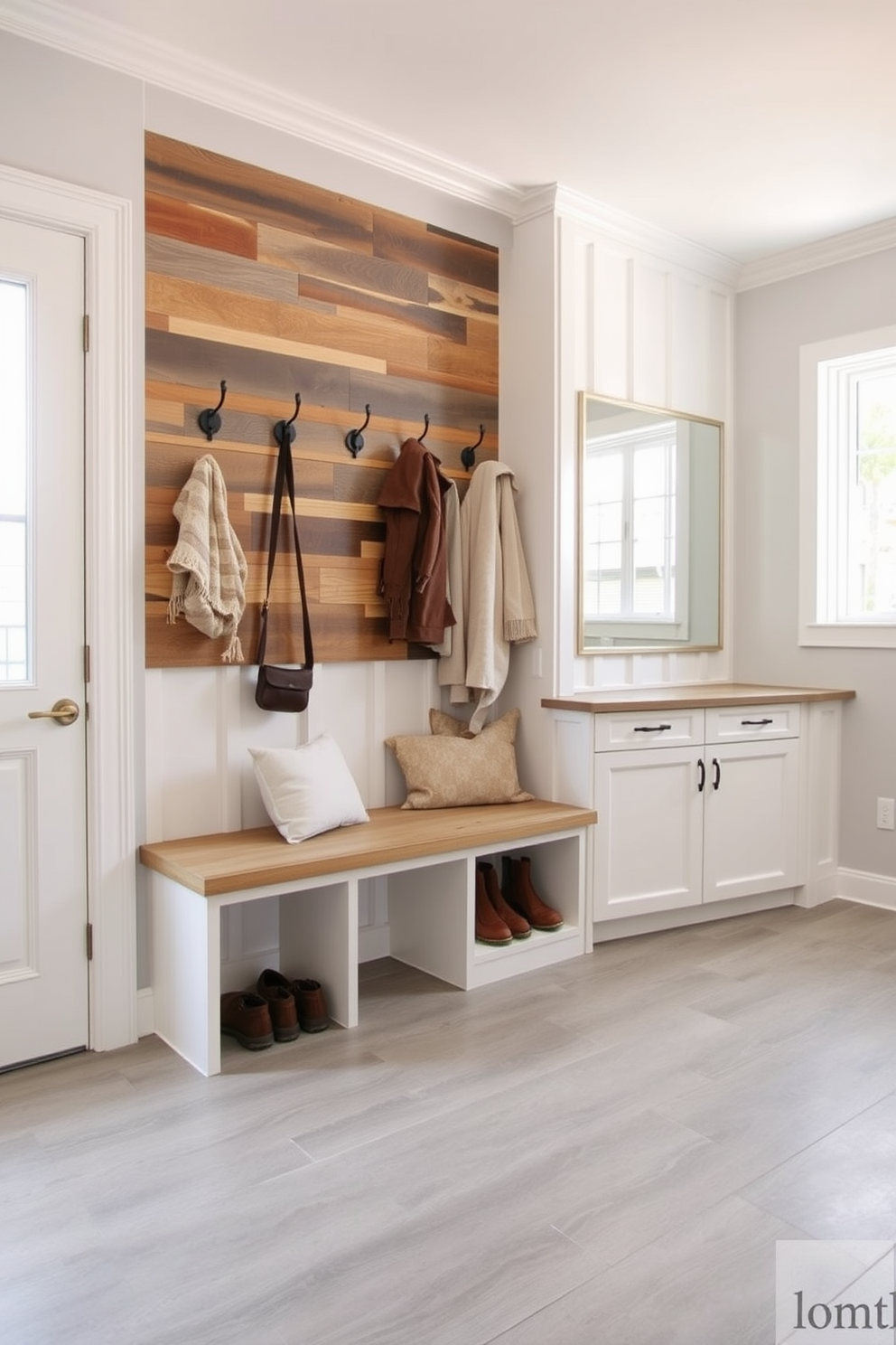 A spacious mudroom features wall-mounted coat racks made of reclaimed wood, providing a rustic yet functional storage solution. The floor is tiled with large format ceramic tiles in a neutral grey tone, complementing the bright white cabinetry and ample natural light from a nearby window. The design incorporates a built-in bench with plush cushions, inviting comfort while putting on or removing shoes. Decorative hooks are placed above the bench for added convenience, and a large mirror is mounted on the wall to create an illusion of space and enhance the overall functionality of the area.