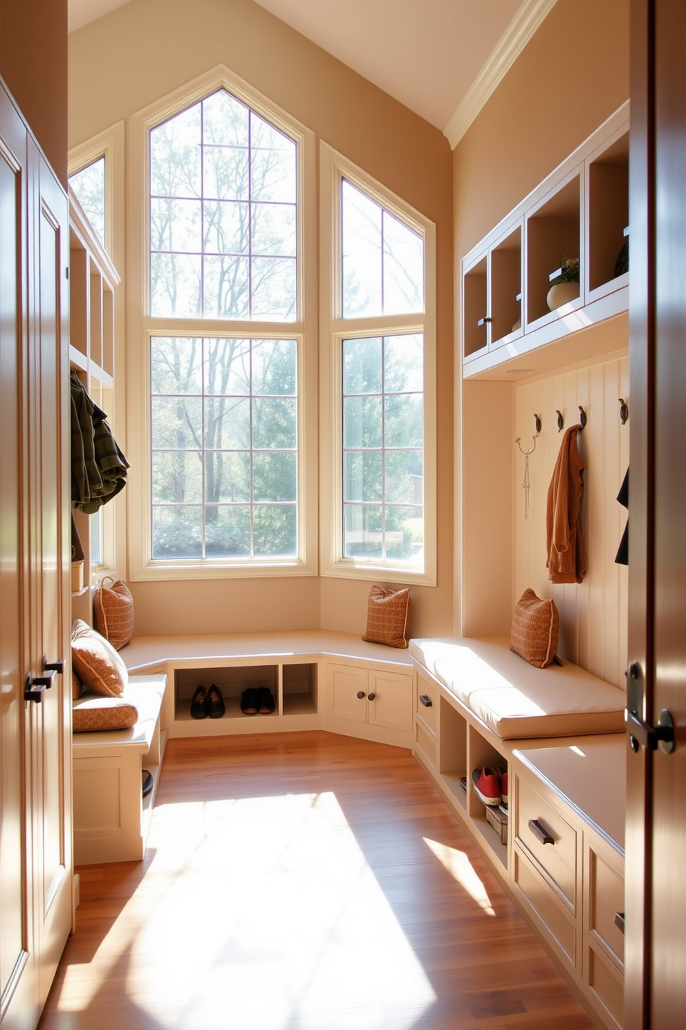 A spacious mudroom filled with natural light streaming through large windows creates an inviting atmosphere. The room features built-in benches with soft cushions and ample storage for shoes and coats, all in a warm color palette.