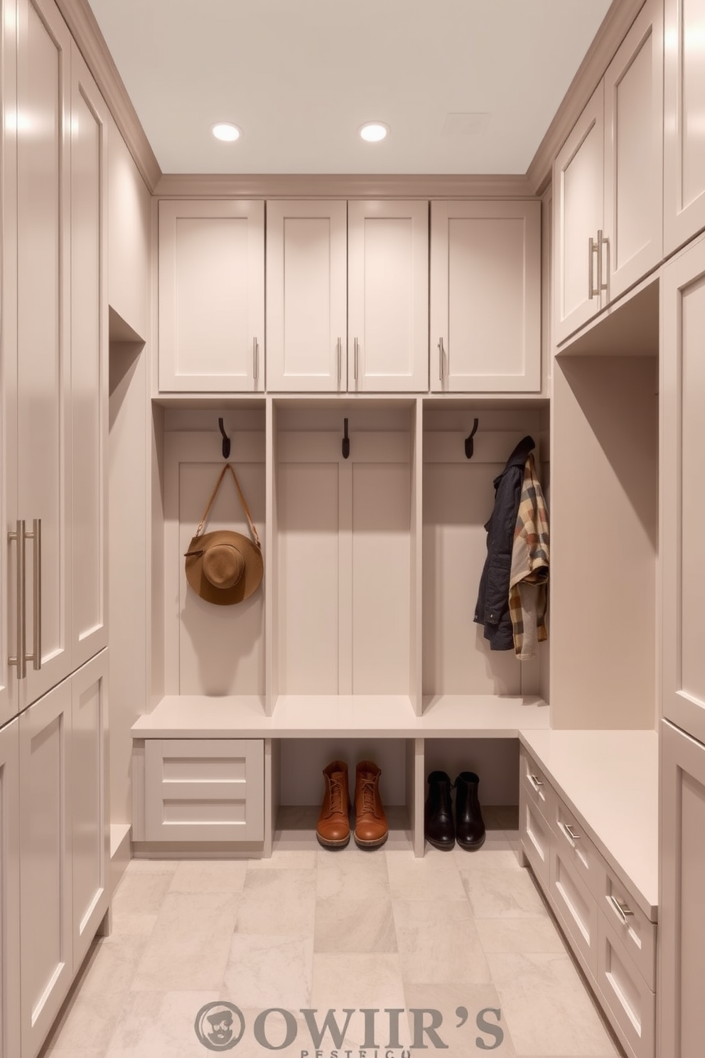 A spacious mudroom features a dedicated pet washing station equipped with a stainless steel tub and handheld showerhead. The cabinetry is painted in a soft gray, complemented by a durable tile floor that can withstand muddy paws. On one side of the room, built-in benches provide seating with storage underneath for shoes and outdoor gear. The walls are adorned with hooks for leashes and backpacks, while large windows allow natural light to brighten the space.