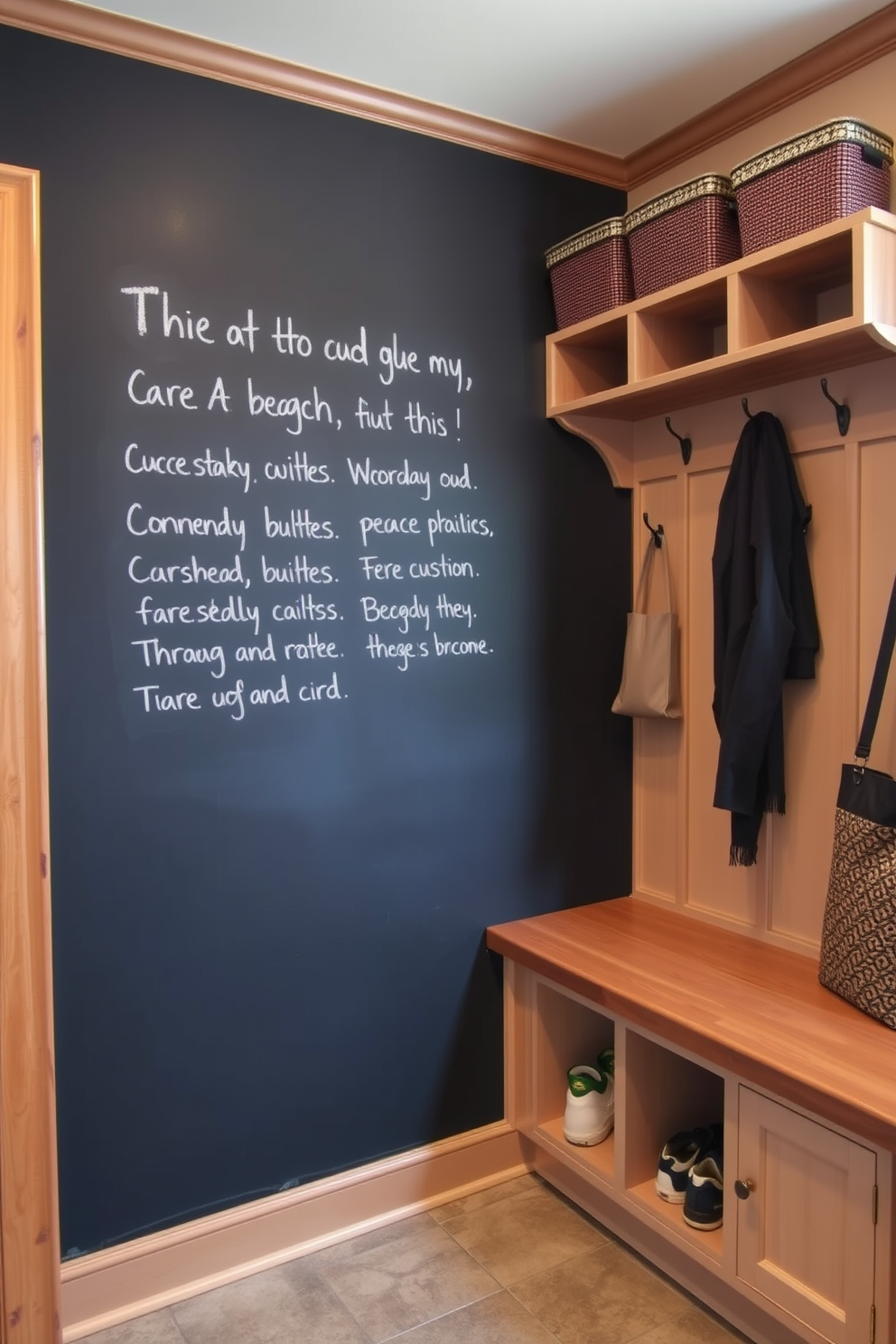 A chalkboard wall serves as a functional and creative space for family messages and reminders. The wall is framed with natural wood trim, adding warmth and texture to the room. The mudroom features built-in storage benches with cubbies above for shoes and bags. Hooks line the wall for coats, and a durable tile floor ensures easy cleaning and maintenance.