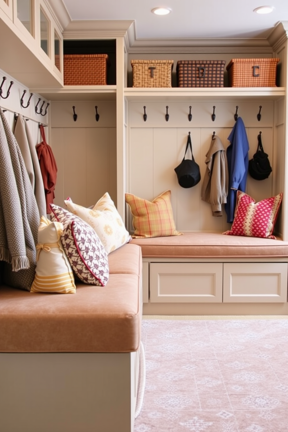 A spacious mudroom features a built-in shoe rack made of reclaimed wood, providing ample storage for footwear. The walls are painted in a warm taupe hue, enhancing the inviting atmosphere of the space. Adjacent to the shoe rack, there are hooks for coats and bags, seamlessly integrated into the design. A stylish bench with plush cushions sits below a large window, allowing natural light to illuminate the area.