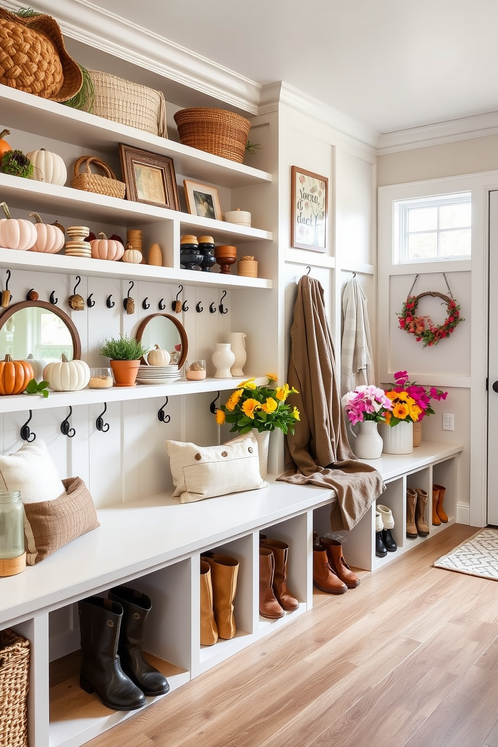 A contemporary mudroom featuring large glass doors that allow natural light to flood the space. The walls are painted in a soft gray, and the floor is covered with large, textured tiles in a neutral tone. A custom-built bench with storage underneath runs along one side, adorned with plush cushions for comfort. Hooks for coats and bags are mounted on the wall above, creating an organized and inviting entryway.