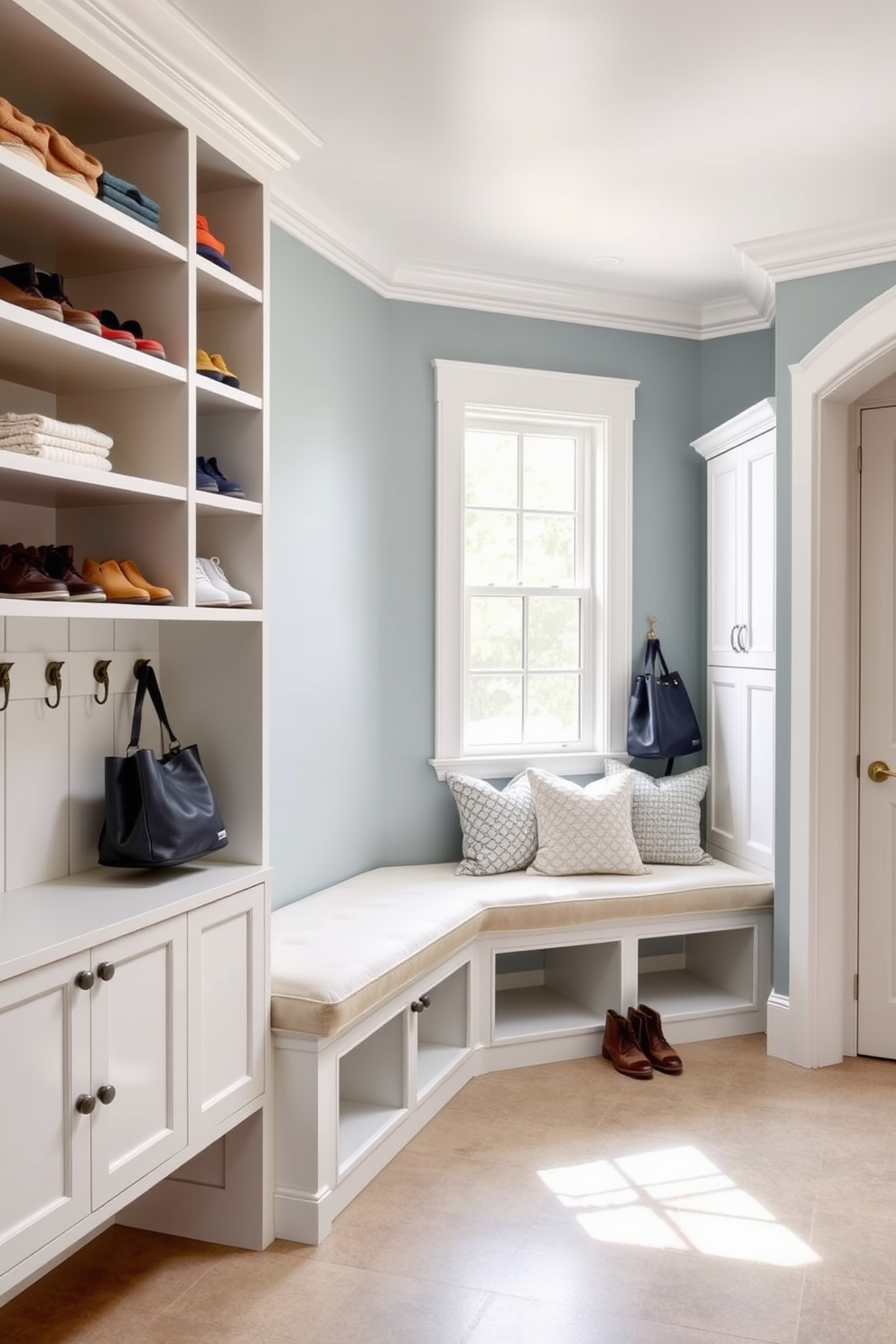 An open concept mudroom features spacious sliding doors that invite natural light into the area. The design includes built-in storage benches with hooks above for coats and bags, creating an organized and welcoming space. The walls are painted in a soft gray tone, complemented by a durable, patterned tile floor that adds visual interest. A large area rug in warm hues anchors the space, while potted plants bring a touch of nature indoors.