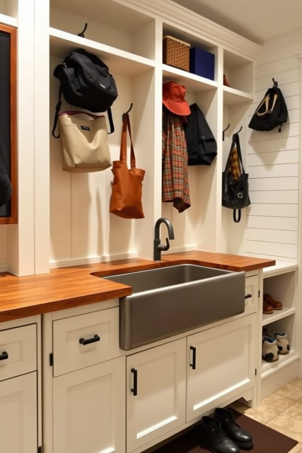 A spacious mudroom featuring open shelving that showcases decorative baskets and seasonal accessories. The walls are painted in a soft gray hue, complemented by a durable wood bench with plush cushions for comfort. Natural light floods the space through a large window, highlighting the elegant tile flooring with a subtle geometric pattern. Hooks line the walls for hanging coats and bags, creating an organized and welcoming entryway.