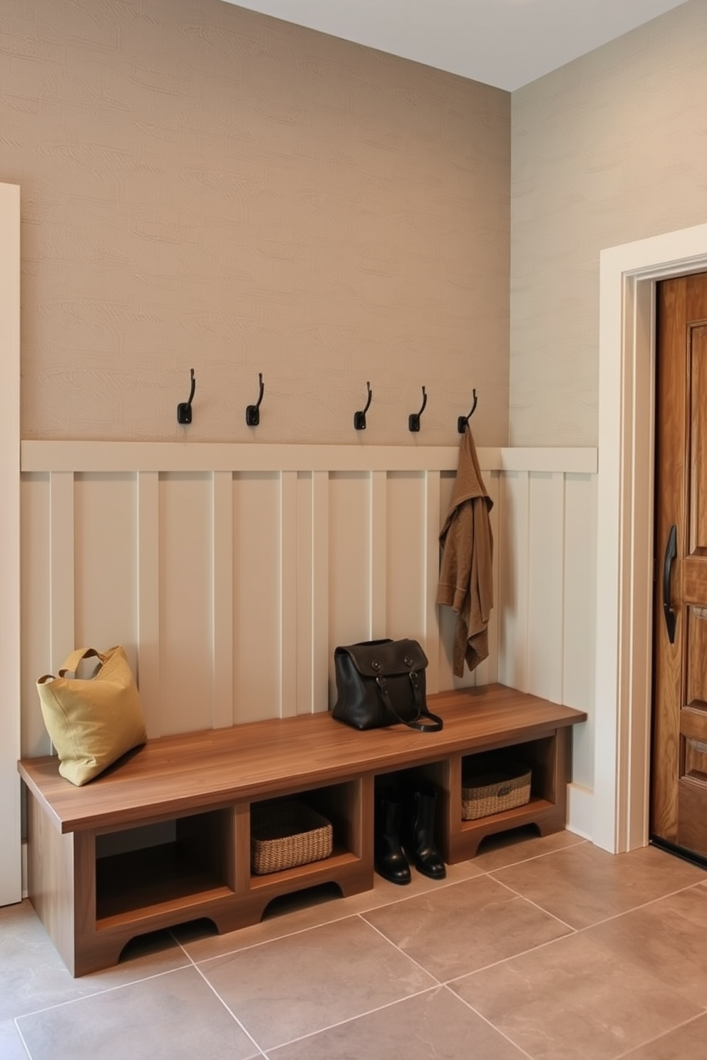 Textured wall paneling adds depth and character to the space. The large mudroom features built-in storage benches, hooks for coats, and a stylish tile floor for functionality.