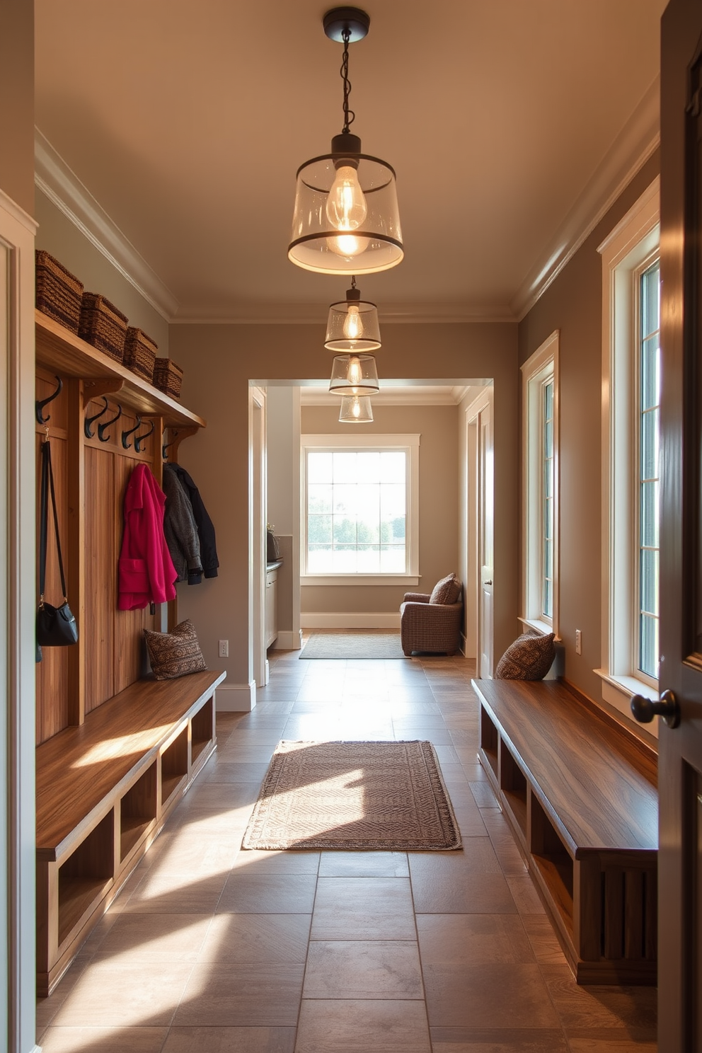 Bright pendant lighting casts a warm glow over the spacious mudroom, enhancing the inviting atmosphere. The room features built-in storage benches with hooks above for coats and bags, creating an organized and functional space. Large windows allow natural light to flood in, making the area feel open and airy. The design incorporates a mix of textured materials, such as wood and tile, to add visual interest and warmth.