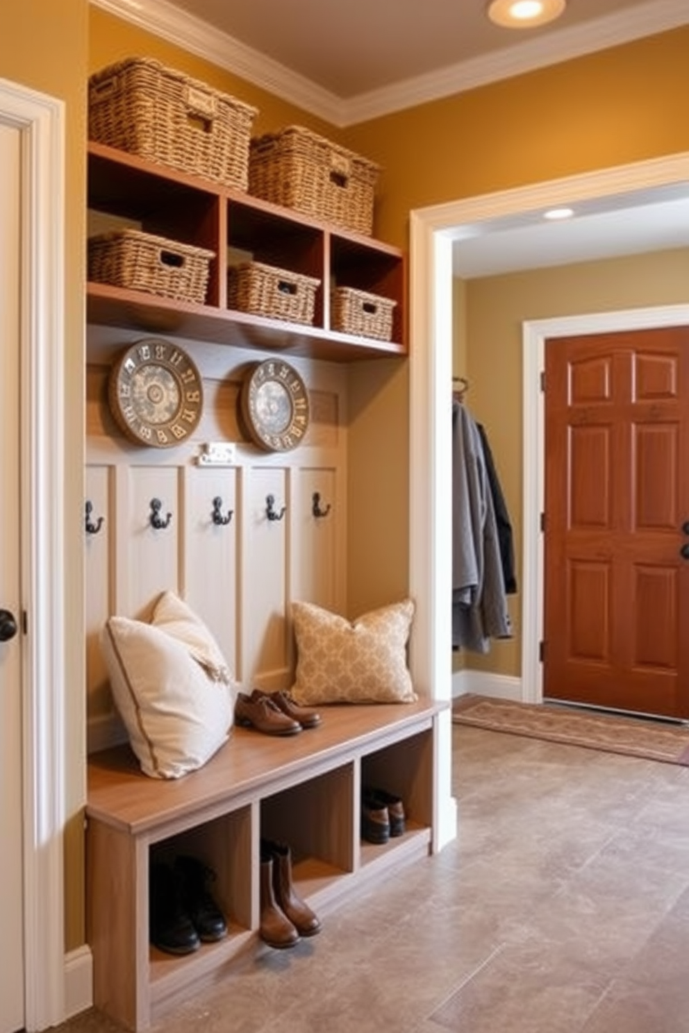 A spacious mudroom with a warm color palette featuring decorative baskets neatly arranged on wooden shelves. The floor is covered in durable tile, and a built-in bench with hooks above provides a functional yet stylish space for coats and shoes.