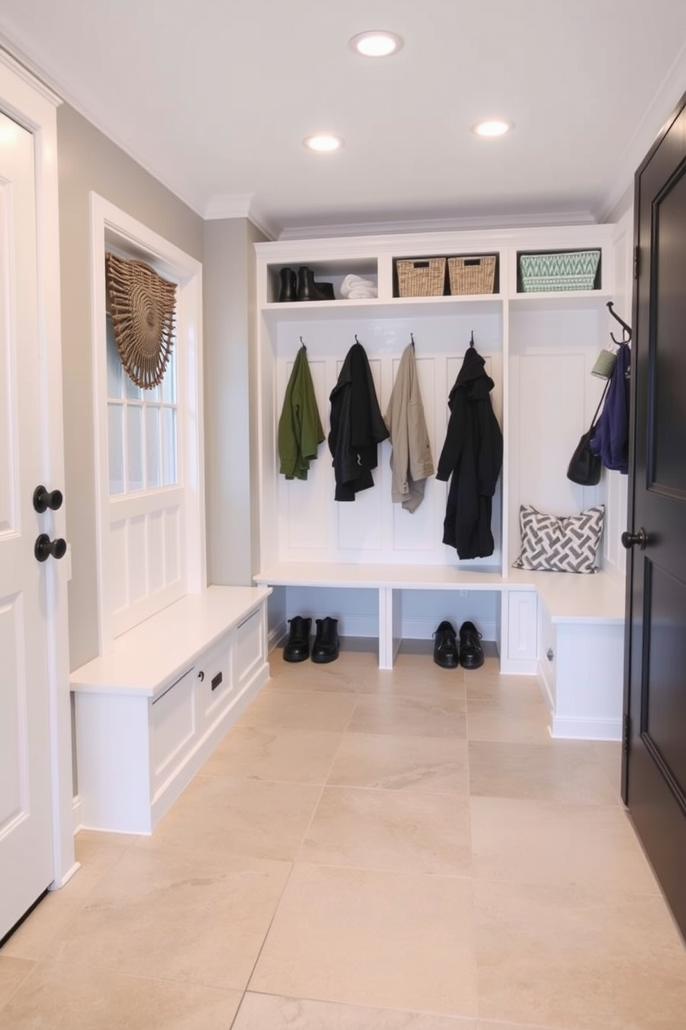 A spacious mudroom featuring large floor tiles that are easy to clean. The design includes built-in storage benches and hooks for coats, creating an organized and functional space.