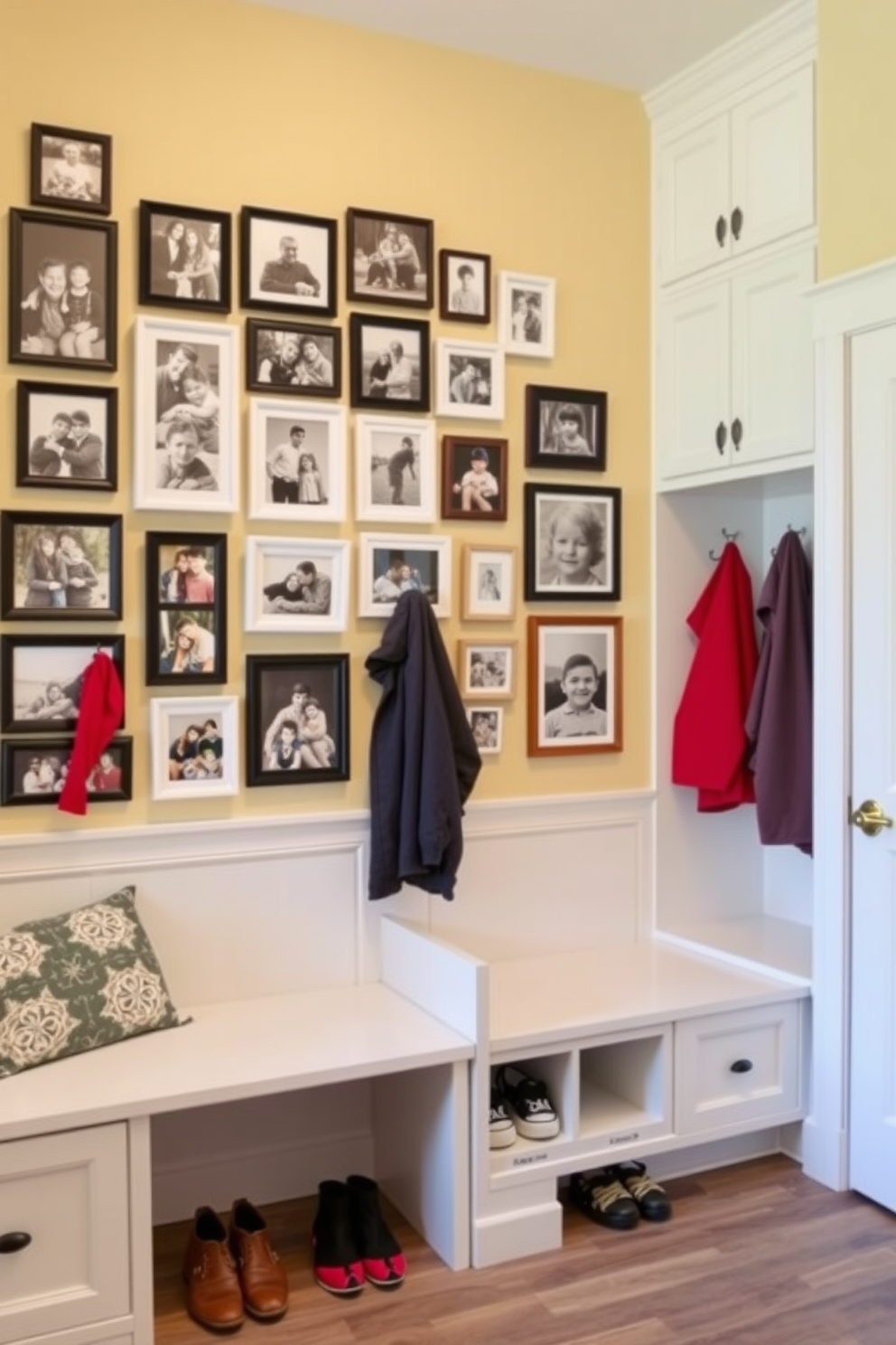 A gallery wall showcasing an eclectic mix of family photos in various sizes and frames. The arrangement includes black and white images alongside colorful snapshots, creating a vibrant and personal display. A spacious mudroom designed with functional storage solutions and stylish finishes. The space features built-in benches, hooks for coats, and cabinets for shoes, all accented by a cheerful color palette and durable flooring.