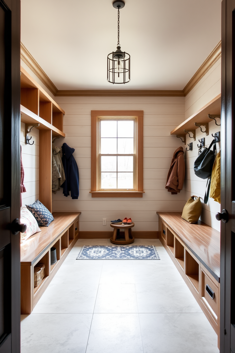 A large mudroom features bold wallpaper with a vibrant geometric pattern that draws the eye. The space includes built-in benches with plush cushions and ample storage for shoes and coats, creating a welcoming and functional entryway.