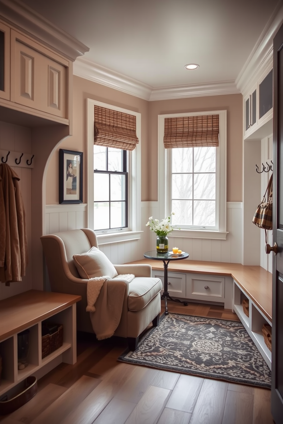 A rustic mudroom features reclaimed wood accents throughout the design. The space includes a large wooden bench with built-in storage underneath and hooks for hanging coats and bags. Natural light floods the area through a large window, highlighting the warm tones of the wood. A patterned rug adds a touch of color and comfort to the floor, creating an inviting atmosphere.