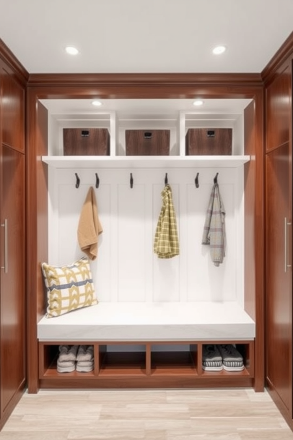 A spacious mudroom featuring a stylish area rug that adds warmth and texture to the space. The room includes built-in storage benches with hooks above for coats and bags, all set against a backdrop of light-colored walls and natural wood accents.