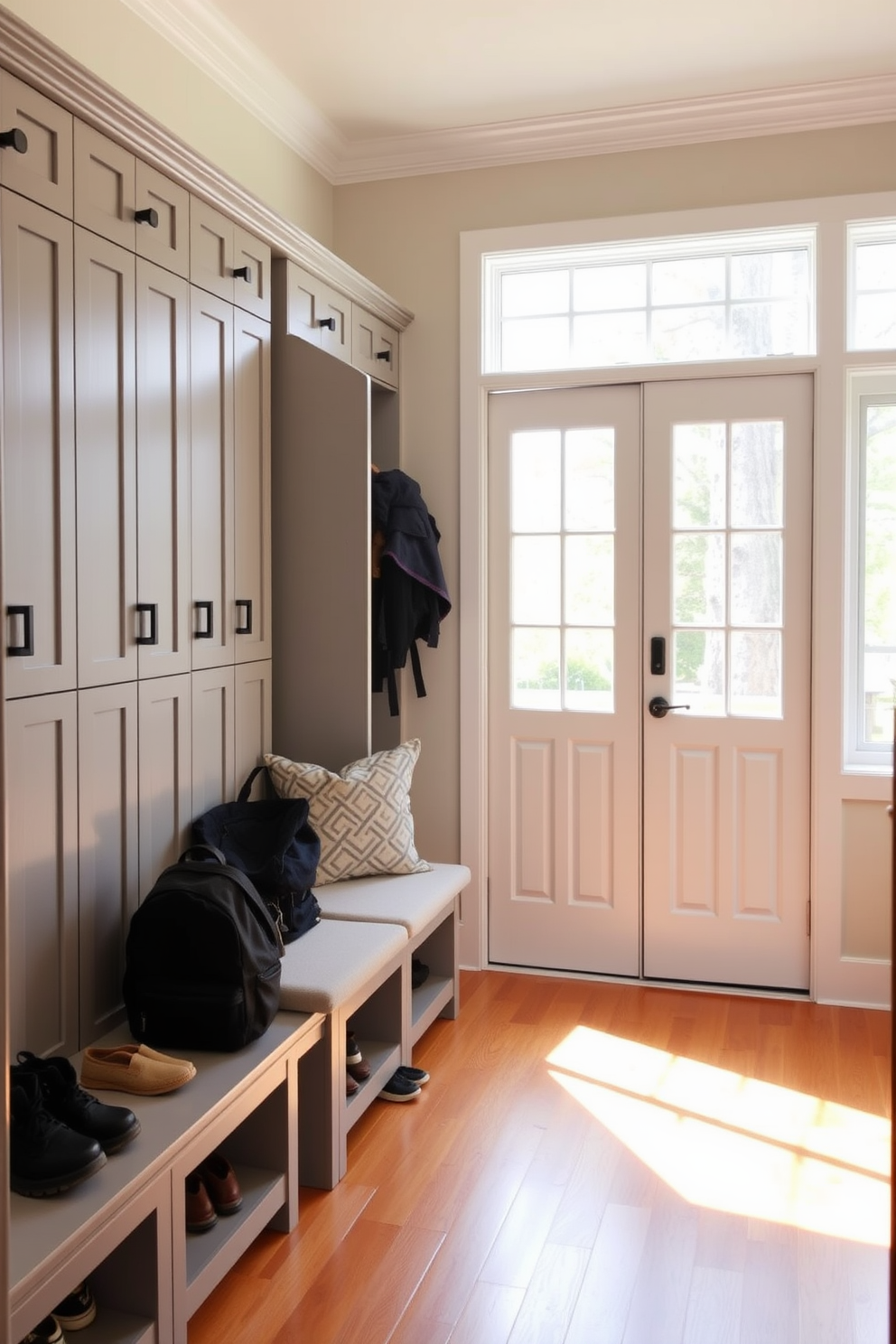 A vibrant mudroom featuring colorful patterned floor tiles that add character and charm. The space includes built-in storage benches with plush cushions and hooks for coats and bags, creating a welcoming entryway.