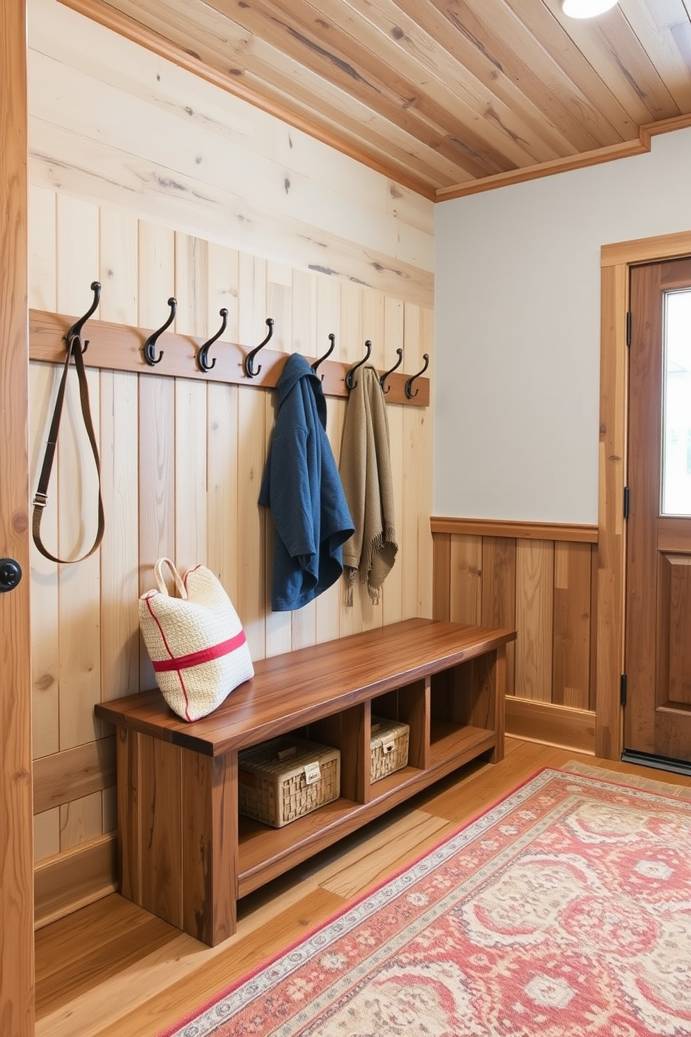 A spacious mudroom featuring a farmhouse style with rustic charm. Vintage storage crates are used as functional decor, providing ample space for shoes and outdoor gear. The walls are painted in a soft white, complemented by a wooden bench with a distressed finish. Natural light streams in through a large window, illuminating the space and highlighting the warm tones of the wooden accents.