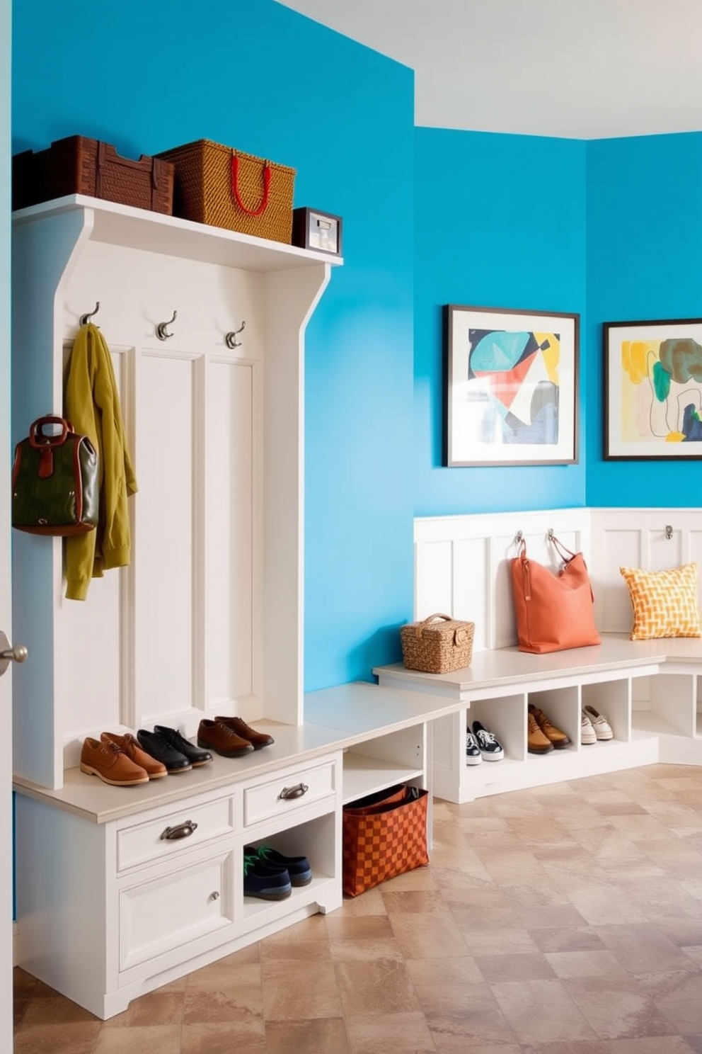 Brightly colored accent wall for cheer. The wall features a vibrant blue hue with abstract art pieces hanging in a staggered arrangement. Large Mudroom Design Ideas. The space includes built-in storage benches with cubbies above for shoes and bags, complemented by a durable tile floor for easy cleaning.