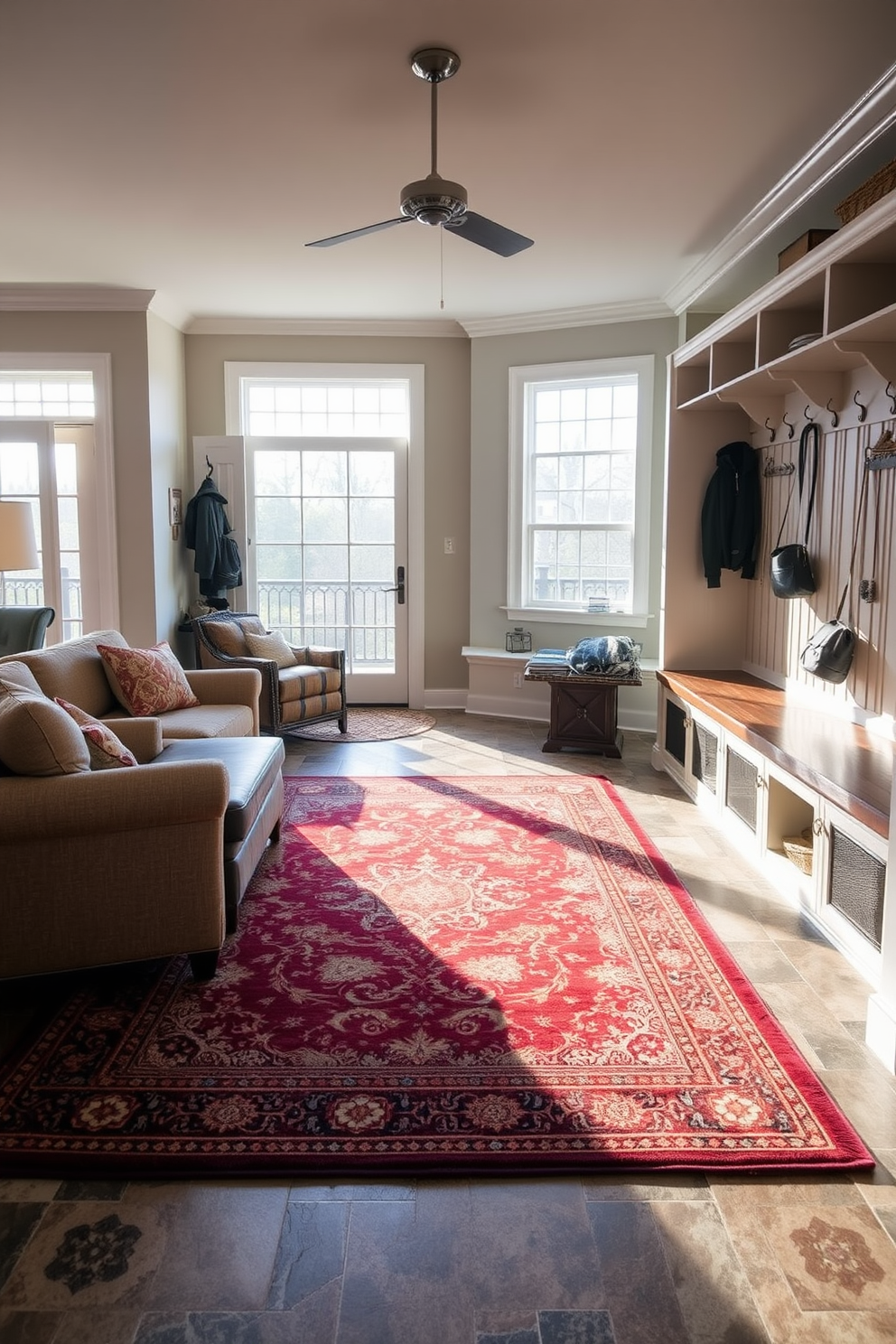 A large area rug with intricate patterns and rich colors anchors the living space, providing both comfort and style. It complements the surrounding furniture and adds warmth to the room, creating a cozy atmosphere. The mudroom features built-in storage benches and hooks for coats and bags, designed with a functional layout. Natural light floods the space through a large window, enhancing the welcoming feel and showcasing stylish tile flooring.