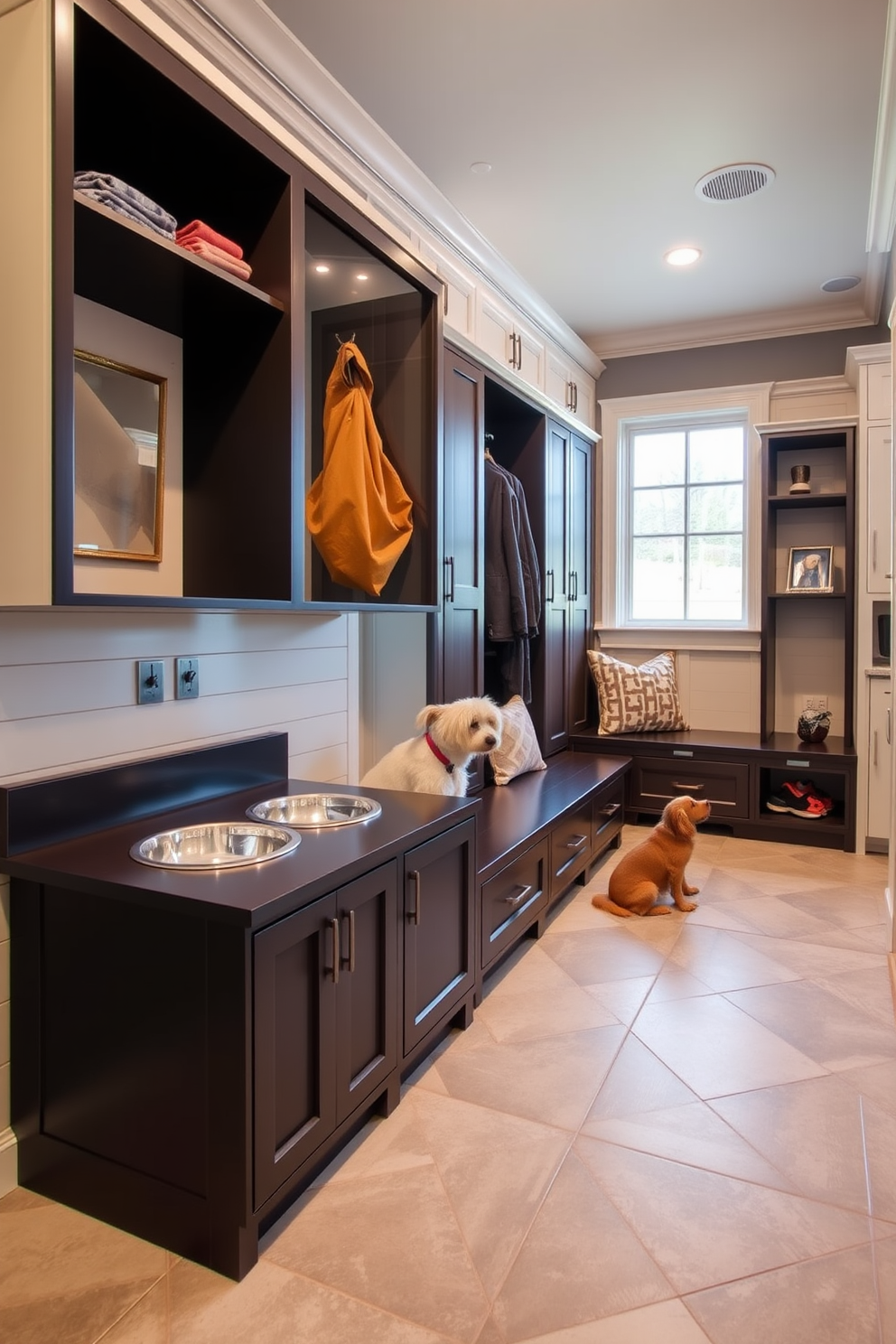 An integrated pet station is designed for convenience in a spacious mudroom. It features built-in feeding bowls and storage for pet supplies, seamlessly blending functionality with style. The large mudroom showcases ample storage solutions with custom cabinetry and a bench for seating. A durable, easy-to-clean floor complements the design, ensuring practicality while maintaining an inviting atmosphere.