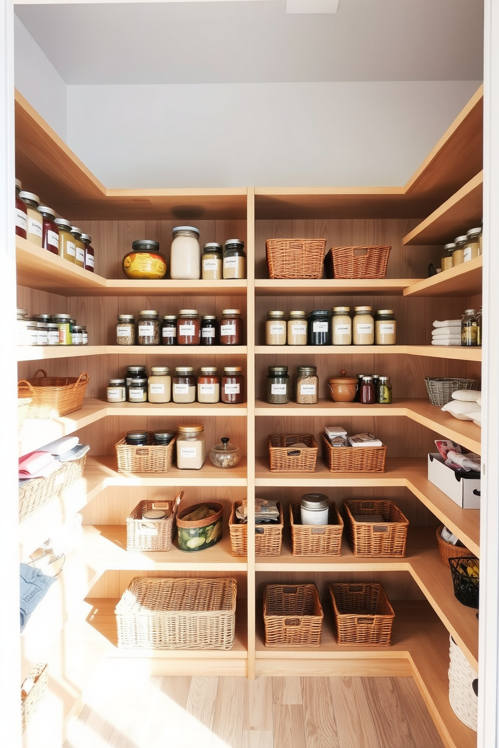 A spacious walk-in pantry featuring floor-to-ceiling shelving made of natural wood. The shelves are neatly organized with labeled containers, and a large island in the center provides additional workspace and storage.