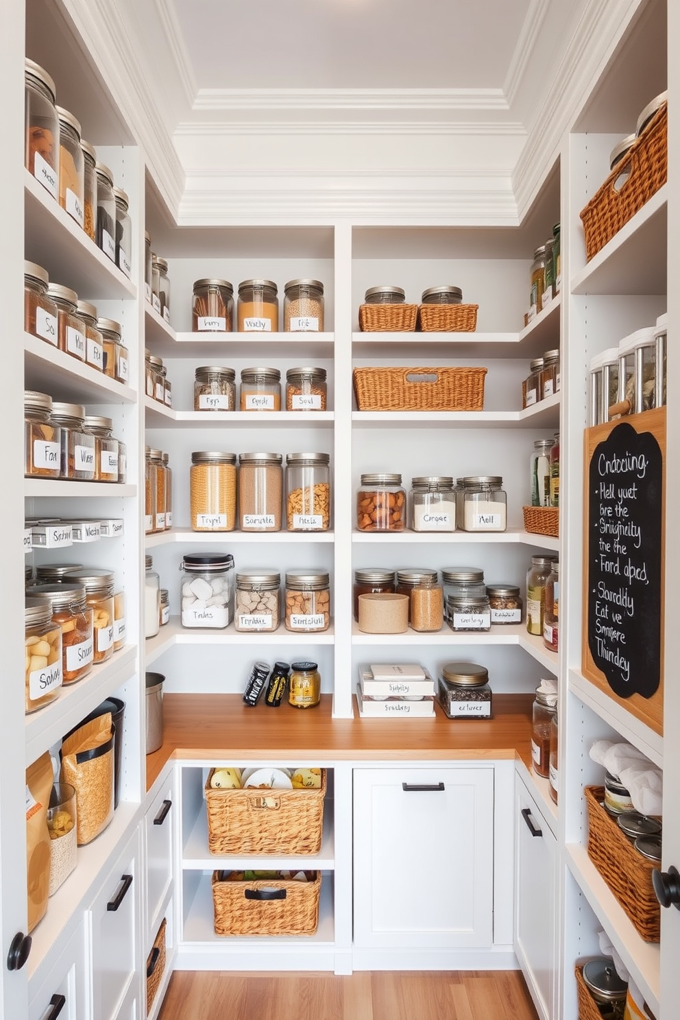 A large pantry with labeled containers for efficient organization. The shelves are filled with clear glass jars and baskets, each neatly labeled for easy access to ingredients and snacks. The walls are painted in a soft white hue, creating a bright and airy atmosphere. A wooden countertop provides additional workspace, and a small chalkboard is mounted nearby for grocery lists and notes.