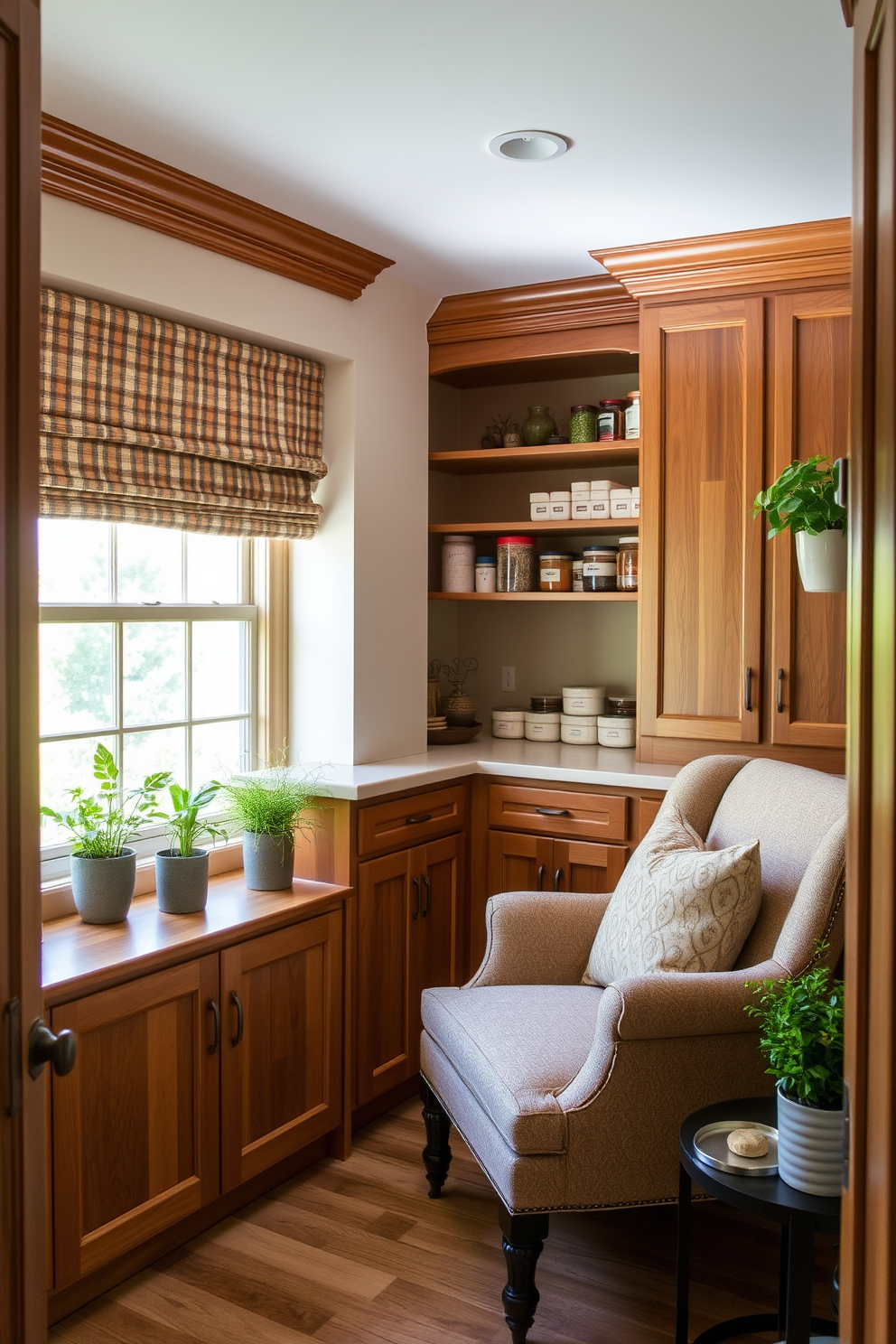 A charming pantry nook designed for functionality and comfort. The space features custom shelving filled with neatly organized jars and containers, and a cozy reading corner with a plush armchair and a small side table. Natural light floods the area through a nearby window, illuminating the warm wood tones of the cabinetry. Soft, neutral colors on the walls create an inviting atmosphere, while decorative elements like potted herbs add a touch of greenery.