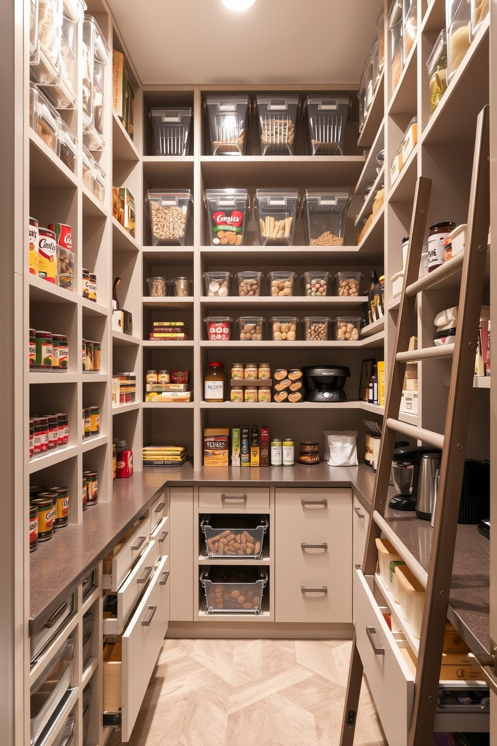 A spacious pantry featuring vertical storage solutions to maximize space. Shelves reach up to the ceiling, organized with clear containers for easy access to ingredients and snacks. The design includes pull-out drawers for canned goods and a dedicated section for small appliances. A stylish ladder provides access to the upper shelves, enhancing both functionality and aesthetics.