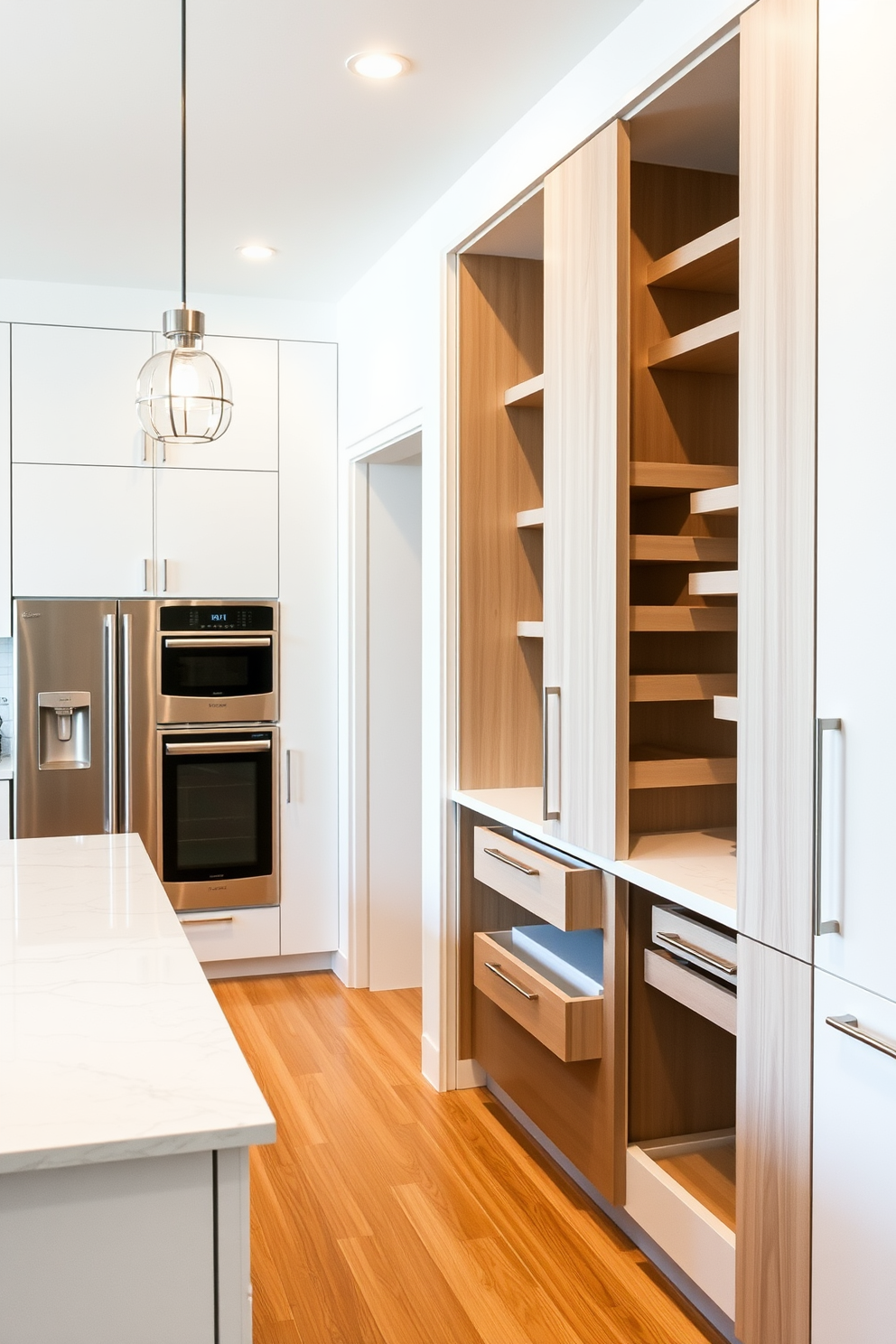 A spacious pantry features a chalkboard wall that allows for easy grocery lists and meal planning. The shelves are filled with neatly organized jars and containers, showcasing a variety of grains, spices, and snacks. The floor is tiled with a warm wood finish, complementing the white cabinetry and brass hardware. Soft lighting illuminates the space, creating a welcoming atmosphere for meal preparation and storage.