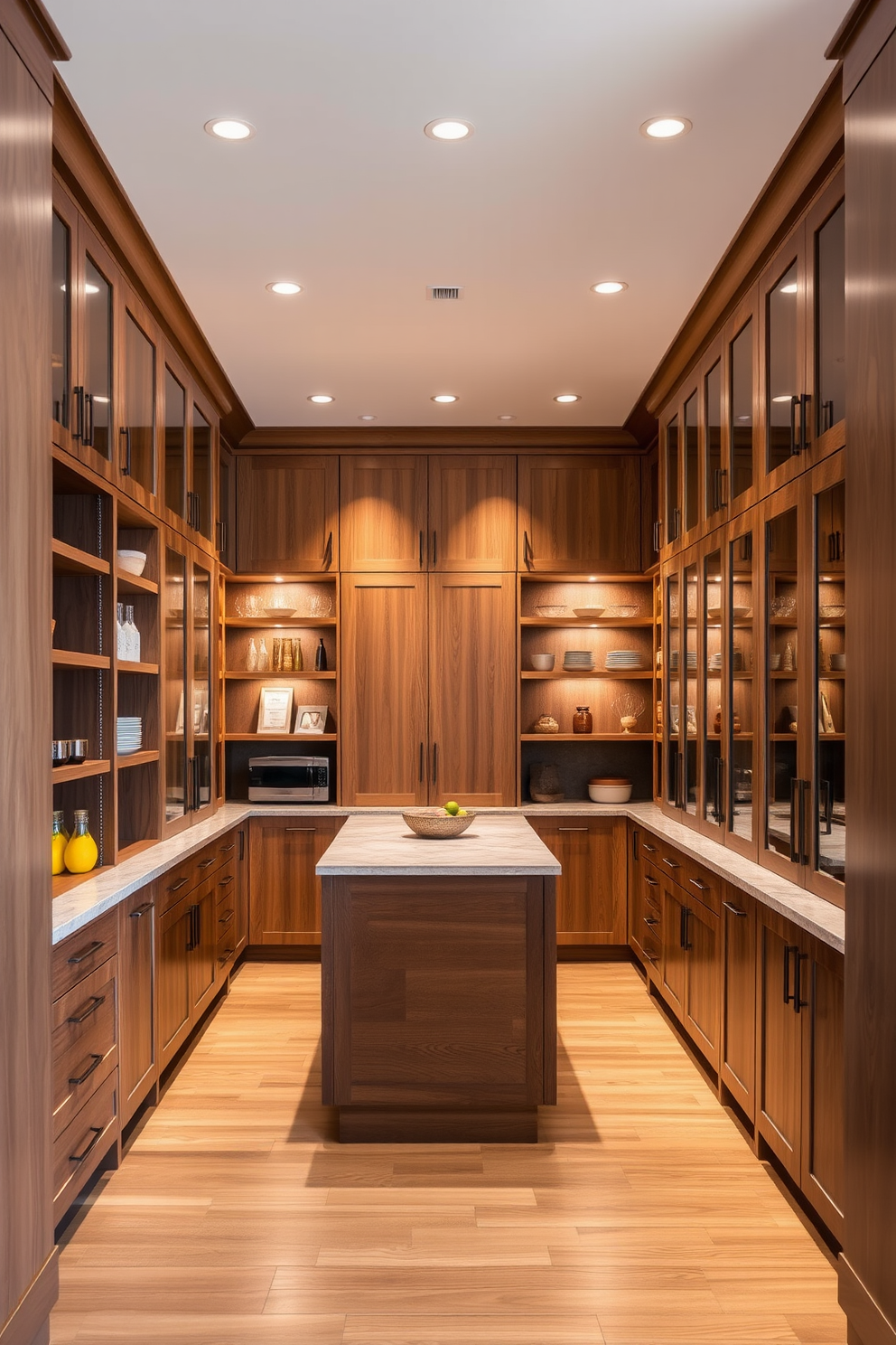 A spacious pantry featuring natural wood finishes creates a warm and inviting ambiance. The cabinetry showcases rich grains and textures, complemented by soft, ambient lighting to enhance the overall warmth of the space. The pantry includes ample shelving and storage solutions, allowing for organized displays of kitchen essentials. A large island in the center provides additional workspace and serves as a gathering spot for family and friends.