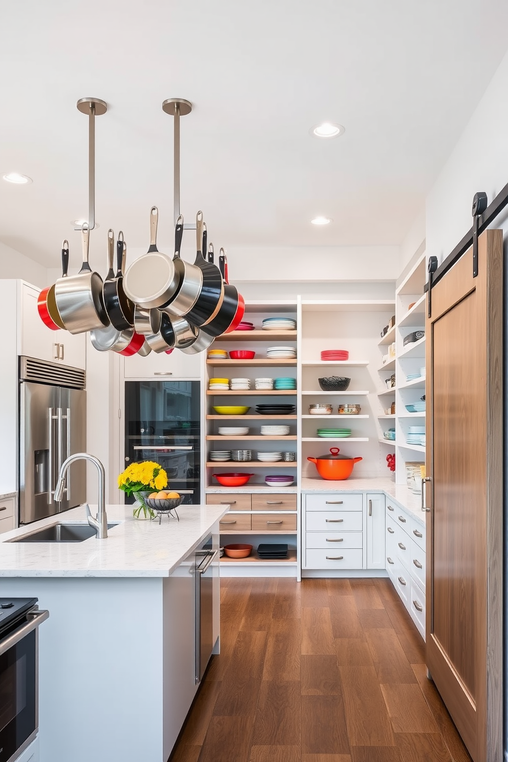 A modern kitchen featuring hanging racks for pots and pans above a spacious island. The racks are made of brushed stainless steel and are adorned with an assortment of colorful cookware. A large pantry designed with custom shelving units and ample storage space. The pantry includes pull-out drawers, a countertop for meal prep, and a sliding barn door for easy access.