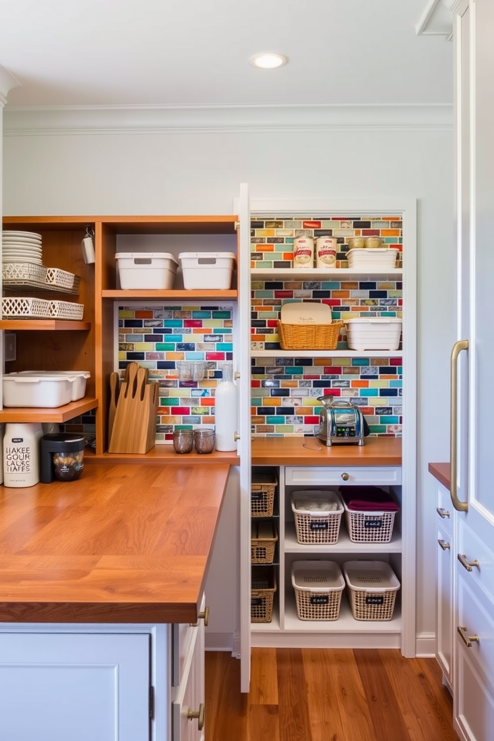 A vibrant kitchen featuring a colorful backsplash that adds visual interest. The backsplash showcases an array of tiles in various shapes and hues, creating a stunning focal point. A spacious pantry designed for functionality and style. It includes open shelving, organized storage bins, and a beautiful wooden countertop for meal prep.