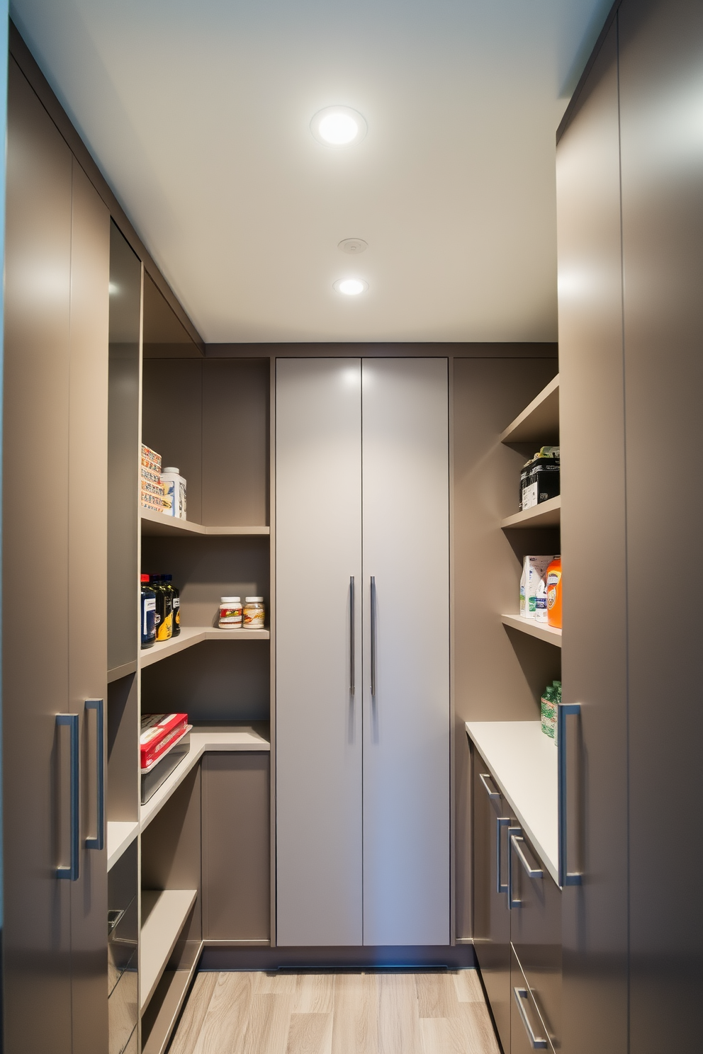 Recessed lighting illuminates a spacious modern pantry featuring sleek cabinetry and organized shelving. The design incorporates open storage for easy access to frequently used items, complemented by a stylish backsplash.