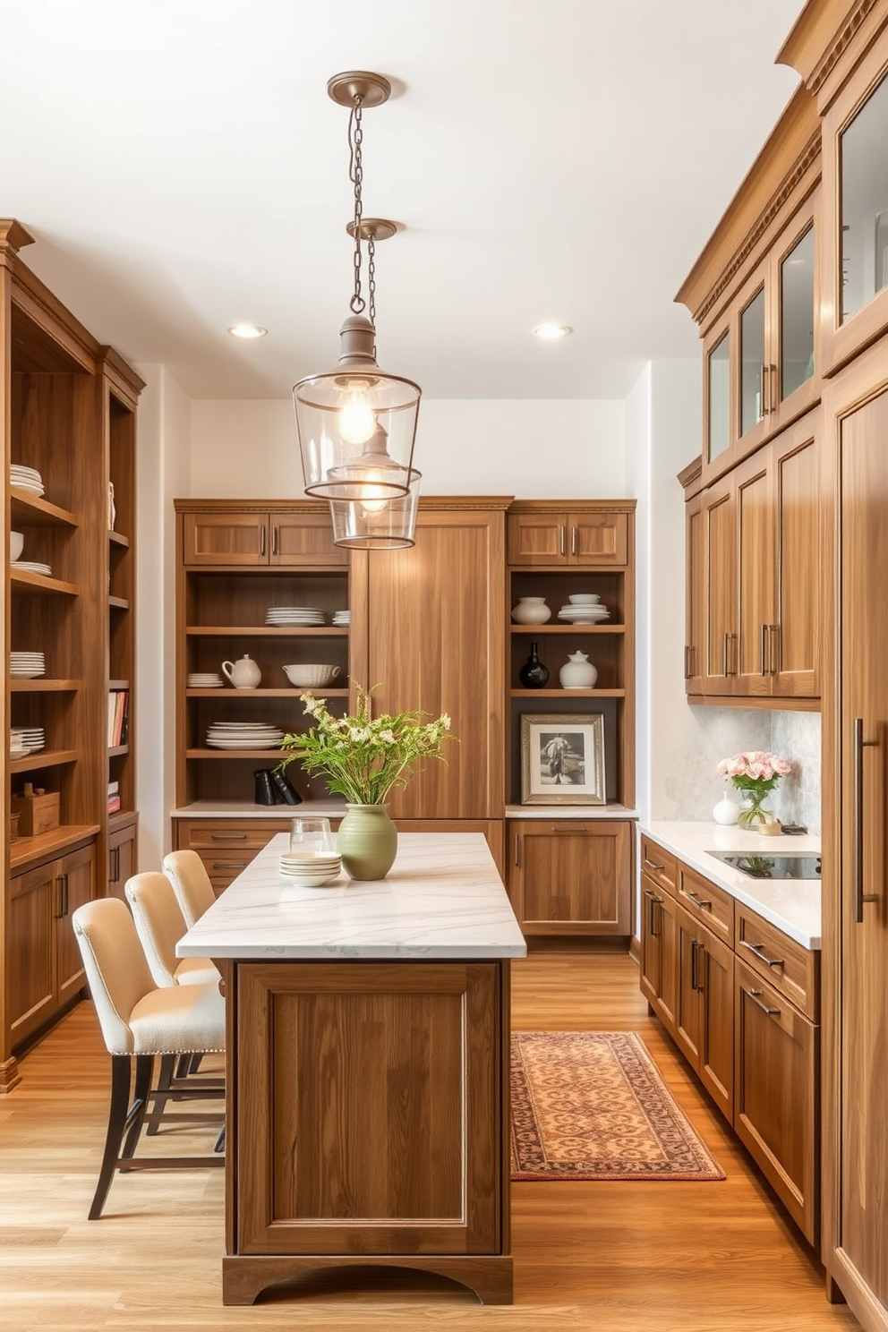 A spacious pantry featuring a dedicated baking zone with ample countertop space for mixing and preparing ingredients. The area is equipped with a stand mixer, baking trays, and neatly organized jars of flour and sugar on open shelves. The pantry walls are painted in a soft cream color, creating a warm and inviting atmosphere. Stylish pendant lighting illuminates the space, highlighting the beautifully arranged baking essentials and adding a touch of elegance.