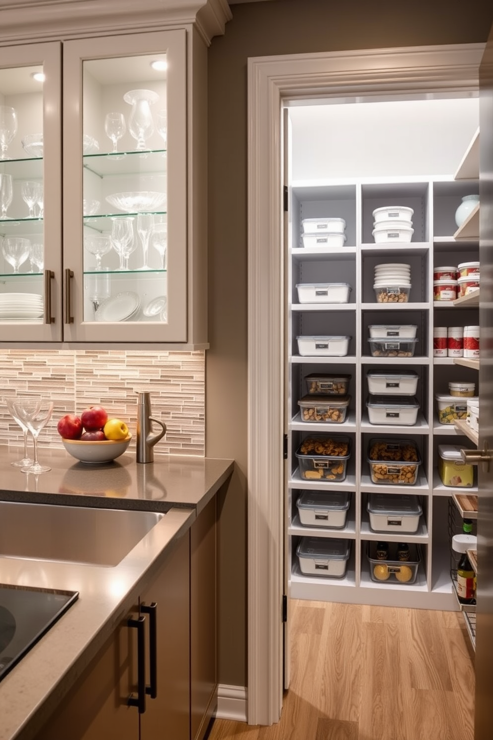 A modern kitchen featuring glass-front cabinets that showcase elegant dishware and glassware. The cabinets are complemented by a sleek countertop and a stylish backsplash that adds a pop of color. A spacious pantry designed with ample shelving and organized storage solutions. The pantry includes pull-out drawers and labeled containers for easy access to ingredients and cooking essentials.