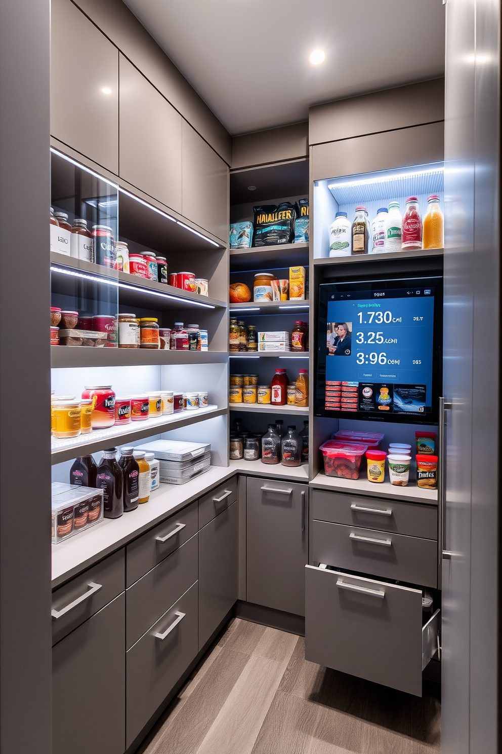 A spacious pantry designed with smart technology for inventory management. The shelves are equipped with sensors that track the quantity of items, and an integrated touchscreen displays current stock levels and expiration dates. The cabinetry features sleek, modern finishes with pull-out drawers for easy access. Soft LED lighting illuminates the space, creating an inviting atmosphere while enhancing visibility for efficient organization.