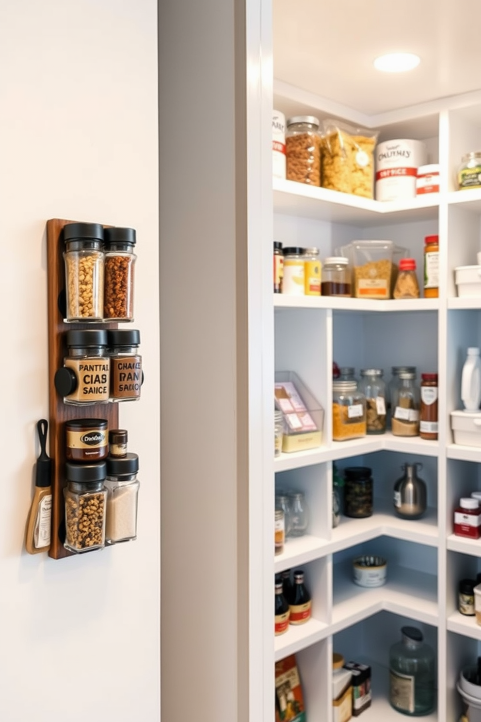 Magnetic spice racks are mounted on the wall, providing easy access to a variety of spices in clear glass containers. The sleek design features a modern aesthetic with a touch of rustic charm, enhancing the overall kitchen decor. The large pantry is designed with open shelving, allowing for organized storage of dry goods and kitchen essentials. Soft LED lighting illuminates the space, creating a warm and inviting atmosphere while maximizing functionality.