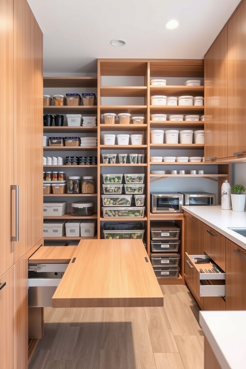 A modern kitchen featuring foldable tables that can be easily expanded for extra workspace. The tables are made of sleek wood with a minimalist design, and they seamlessly blend with the surrounding cabinetry. A spacious pantry designed with organized shelving and ample storage solutions. The pantry includes pull-out drawers and labeled containers, ensuring everything is easily accessible and neatly arranged.