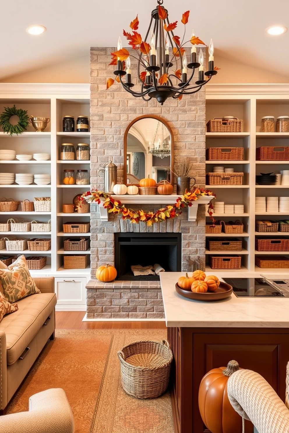 Seasonal decor for festive touches. Imagine a cozy living room adorned with warm autumn colors, featuring a fireplace decorated with pumpkins and garlands of leaves. Large pantry design ideas. Envision a spacious pantry with open shelving, showcasing neatly organized jars and baskets, complemented by a large island in the center for meal prep and additional storage.