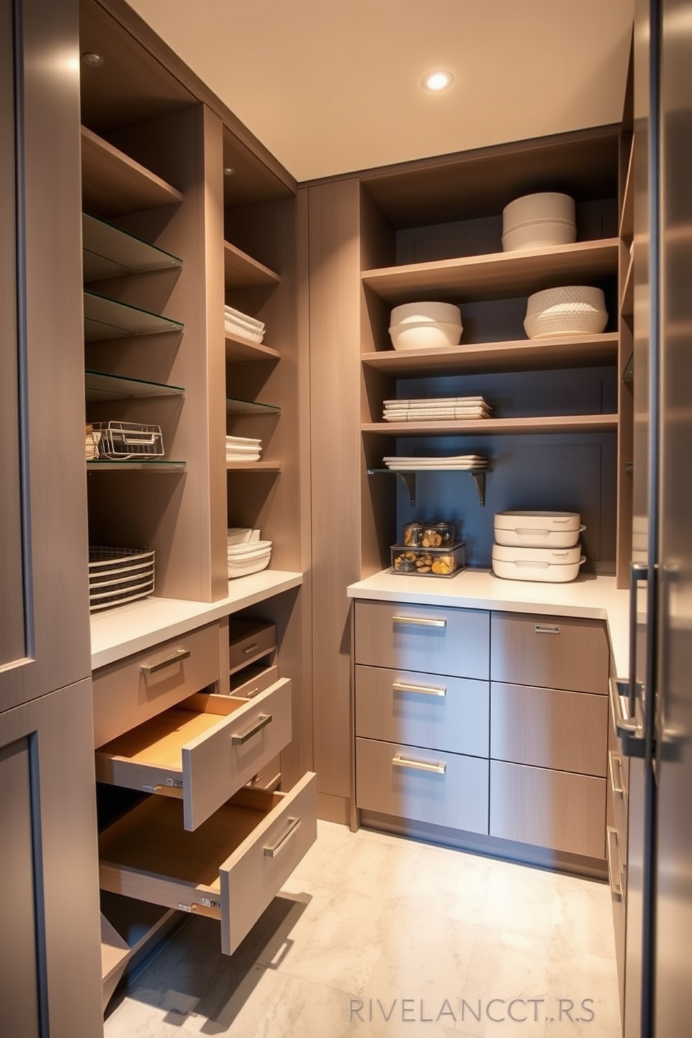 A spacious pantry featuring hidden compartments for discreet storage. The design includes sleek cabinetry with pull-out shelves and concealed drawers to maximize organization and accessibility. The pantry showcases a combination of open shelving and closed storage solutions. Elegant lighting highlights the functionality while maintaining a clean and sophisticated aesthetic.