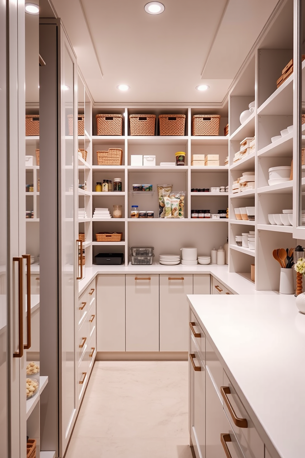 A vibrant pantry filled with bright colors to enhance the space. The walls are painted in a cheerful yellow shade, and the shelves are stocked with colorful containers and jars. The pantry features a spacious layout with a large island in the center, topped with a bold blue countertop. Brightly colored fruits and vegetables are displayed in open baskets, adding a lively touch to the design.