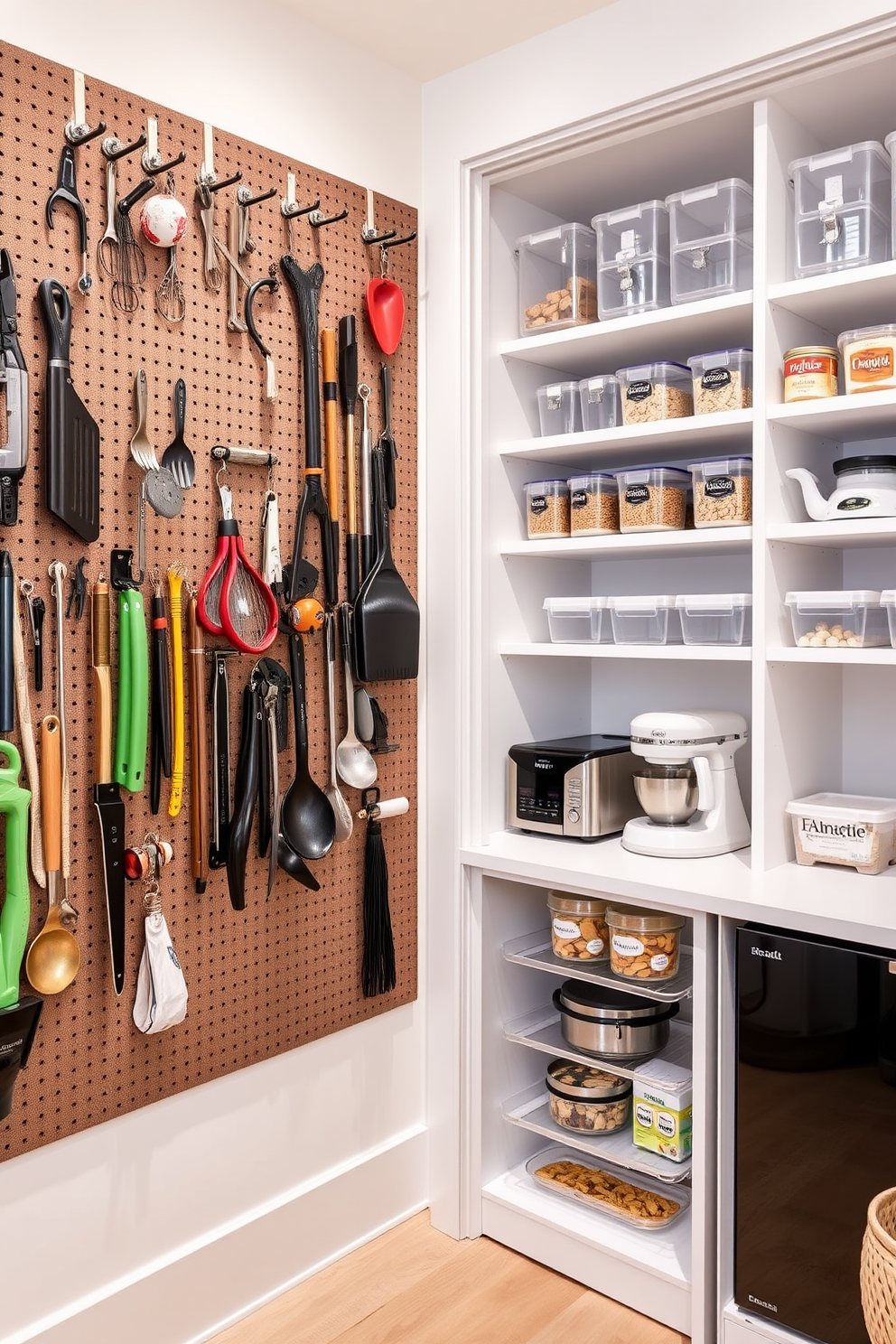 Functional pegboards for versatile organization. The pegboards are mounted on the walls, featuring an array of hooks and shelves to hold kitchen tools and utensils. Large pantry design ideas. The pantry includes spacious shelving units, with clear containers for dry goods and a dedicated section for small appliances.