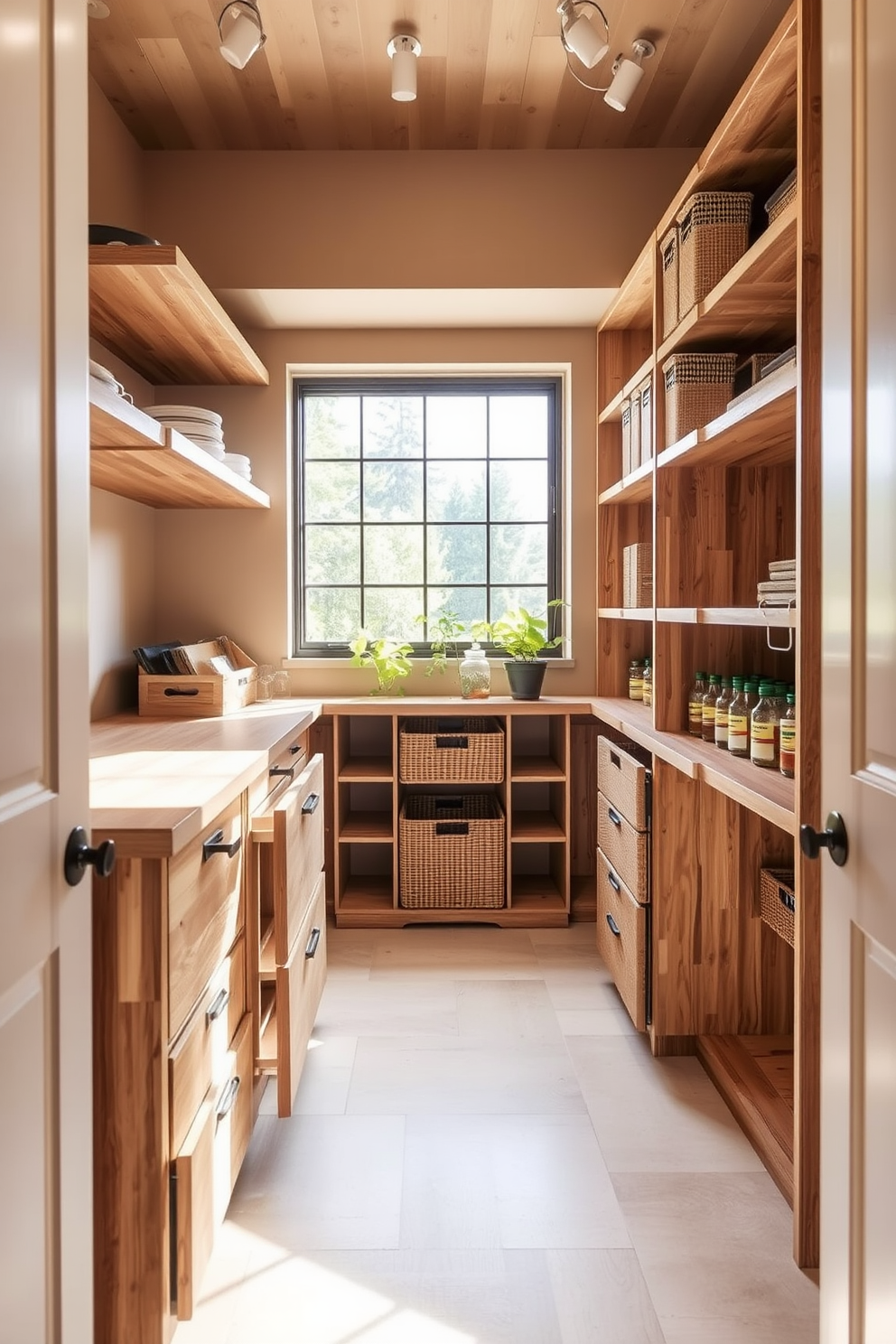 A spacious pantry featuring a pegboard mounted on the wall for organizing tools and utensils. The shelves are filled with neatly arranged jars of spices and ingredients, while a wooden countertop provides ample workspace for meal prep.