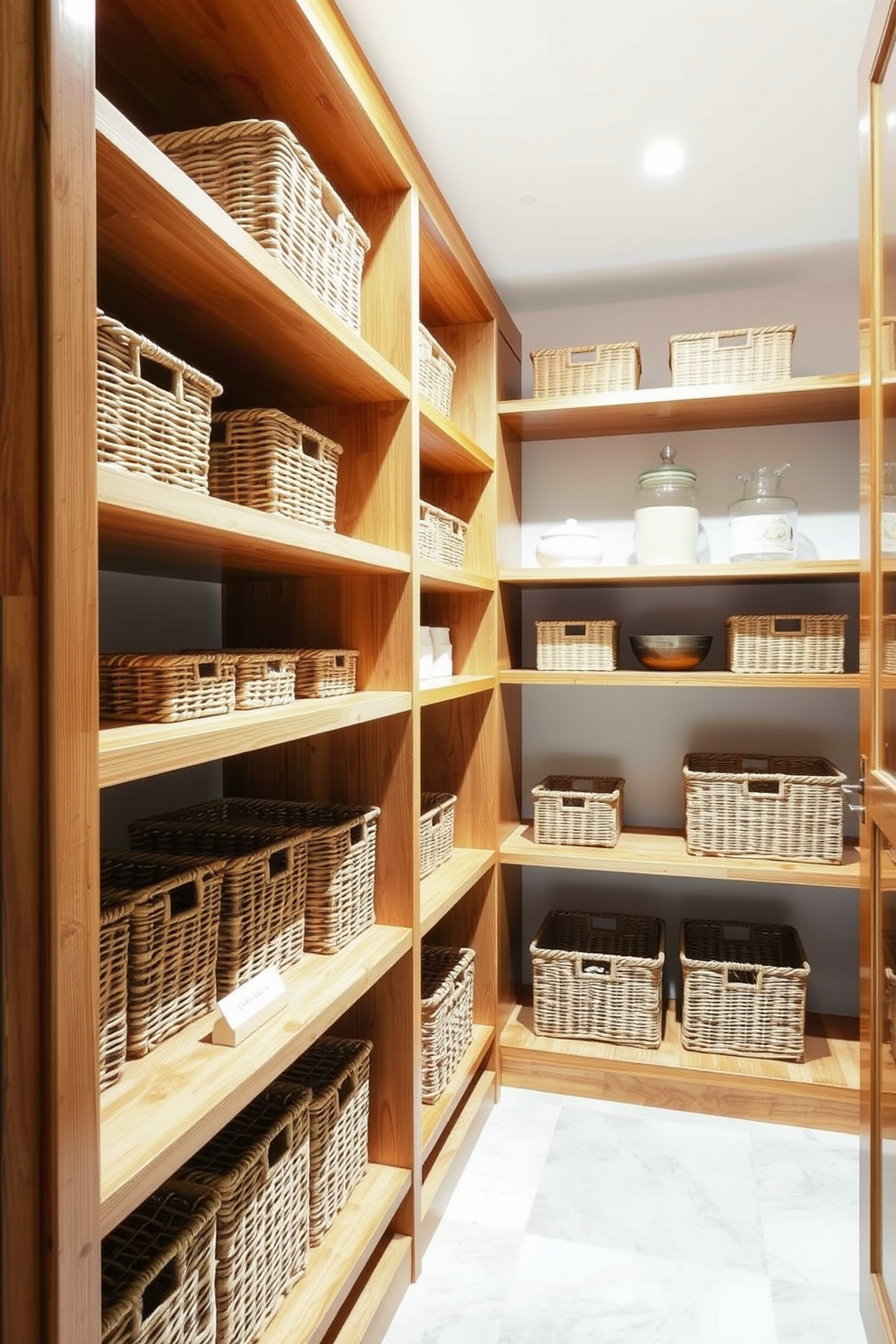 A spacious pantry featuring open shelving made of natural wood. Woven baskets are neatly arranged on the shelves, providing a casual and organized look while adding texture to the space.