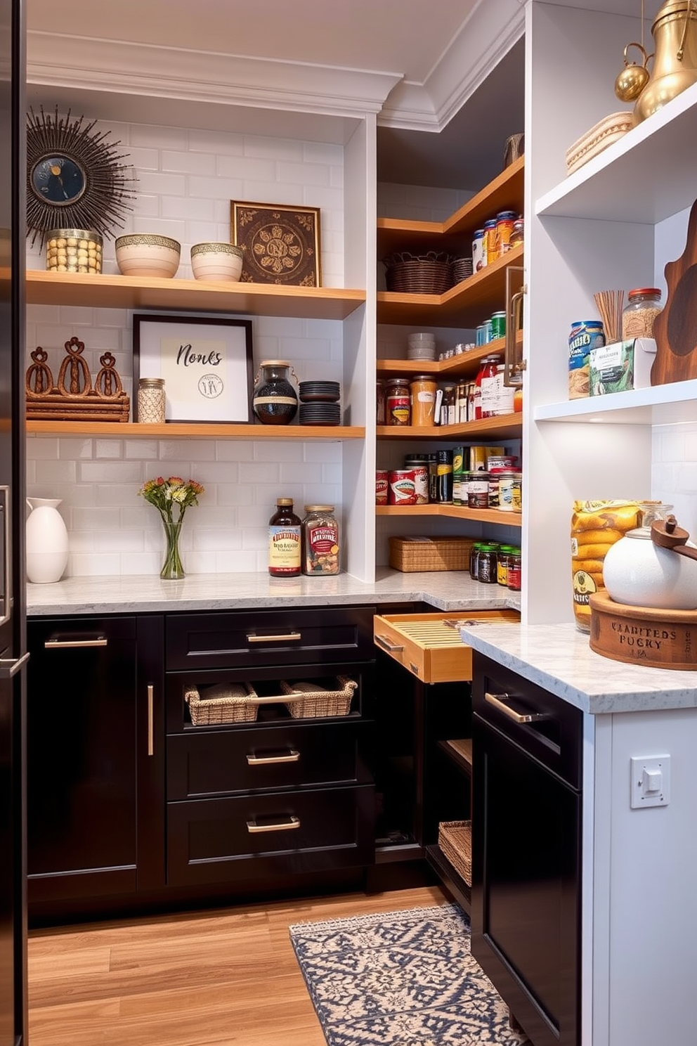 A spacious pantry featuring minimalist design with clean lines. The cabinetry is sleek and white, complemented by a light wood countertop and open shelving for easy access to essentials.