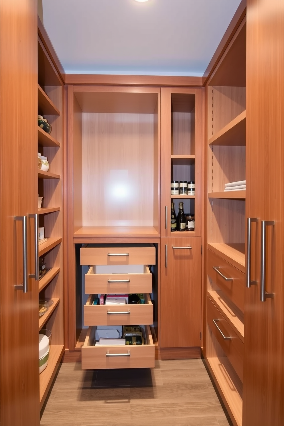 A spacious U-shaped kitchen design features a large center island that serves as both a cooking and dining area. The cabinetry is a mix of rich wood tones and sleek white finishes, creating a warm yet modern atmosphere. Adjacent to the kitchen, a large pantry is designed with open shelving and pull-out drawers for easy access to ingredients. The pantry walls are painted in a soft neutral color, enhancing the bright and airy feel of the space.