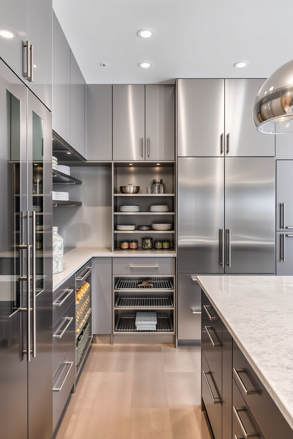 A spacious pantry featuring stainless steel finishes that exude modern elegance. The design includes sleek cabinetry, open shelving, and a large island with ample storage options.