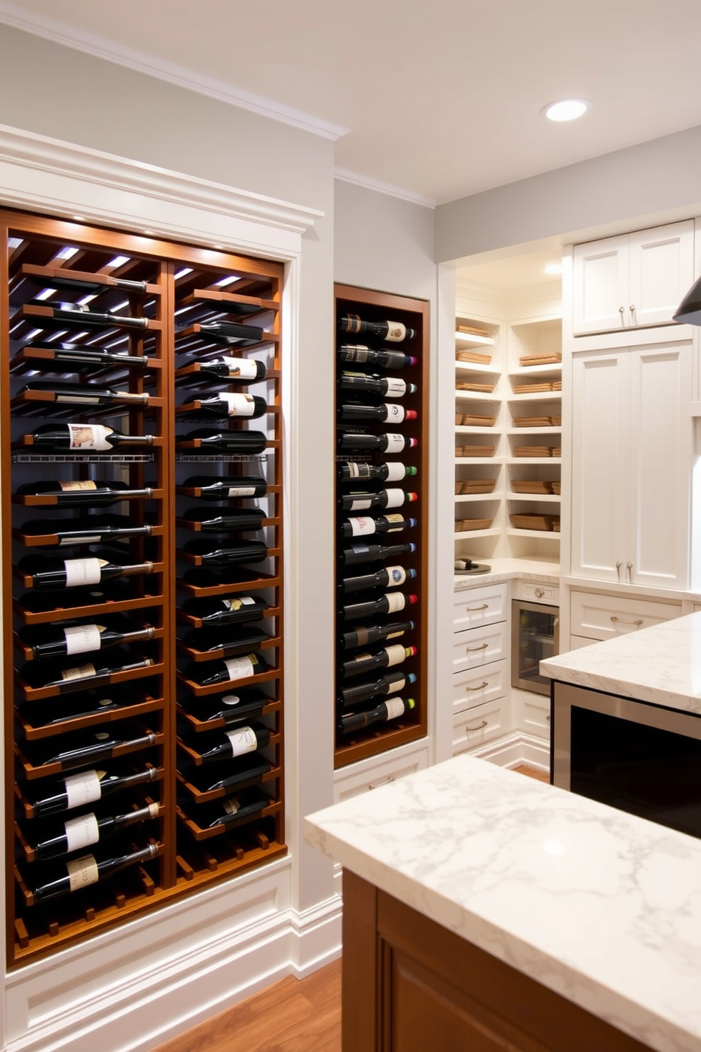 Open shelving design features a combination of wooden shelves and metal brackets for a modern yet functional look. The shelves are filled with neatly organized jars and containers, allowing for easy access to everyday items. The pantry showcases a spacious layout with ample storage options, including pull-out drawers and labeled bins. Soft LED lighting illuminates the space, highlighting the beautiful wood finishes and creating an inviting atmosphere.