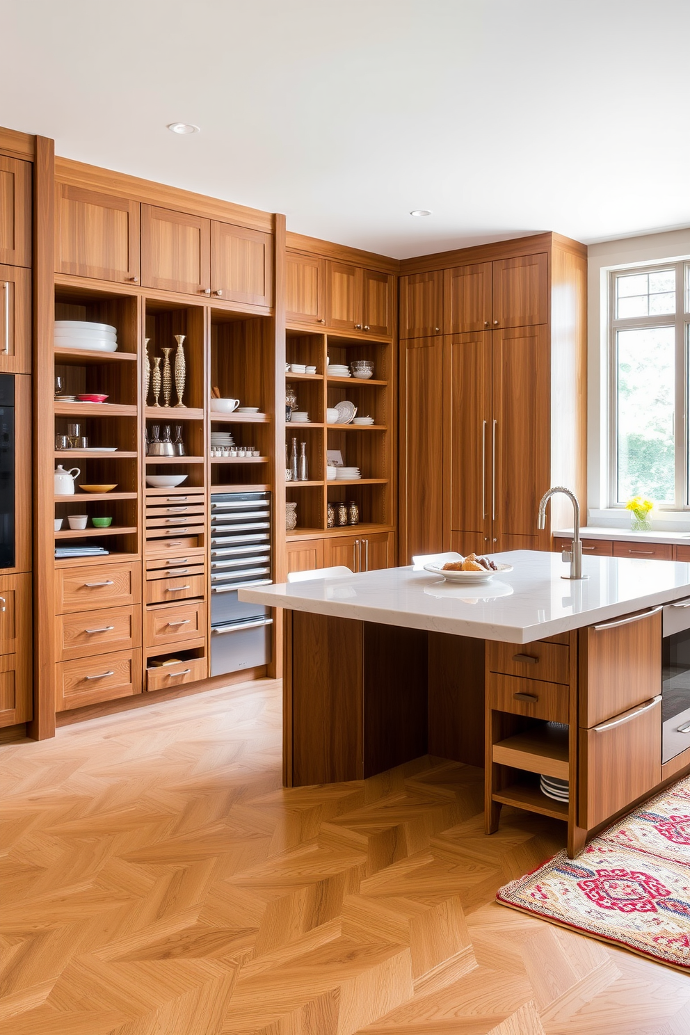 A multi-functional kitchen island features a sleek design with a spacious seating area on one side. The island is topped with a polished quartz surface, while the base includes ample storage and integrated appliances for convenience. The large pantry is designed with open shelving and pull-out drawers for easy access to ingredients and kitchen tools. Natural light floods the space through a nearby window, enhancing the warm wood finishes and creating an inviting atmosphere.