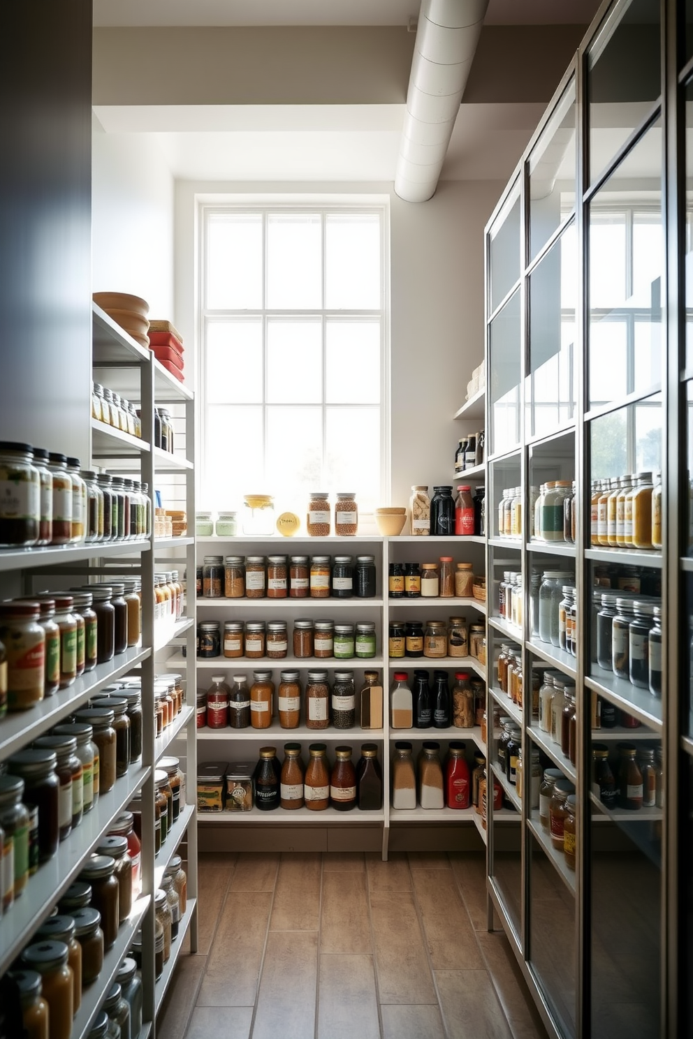 A spacious pantry with bright, natural lighting pouring in through large windows. The shelves are organized with clear containers and labeled jars, showcasing an array of colorful spices and ingredients.